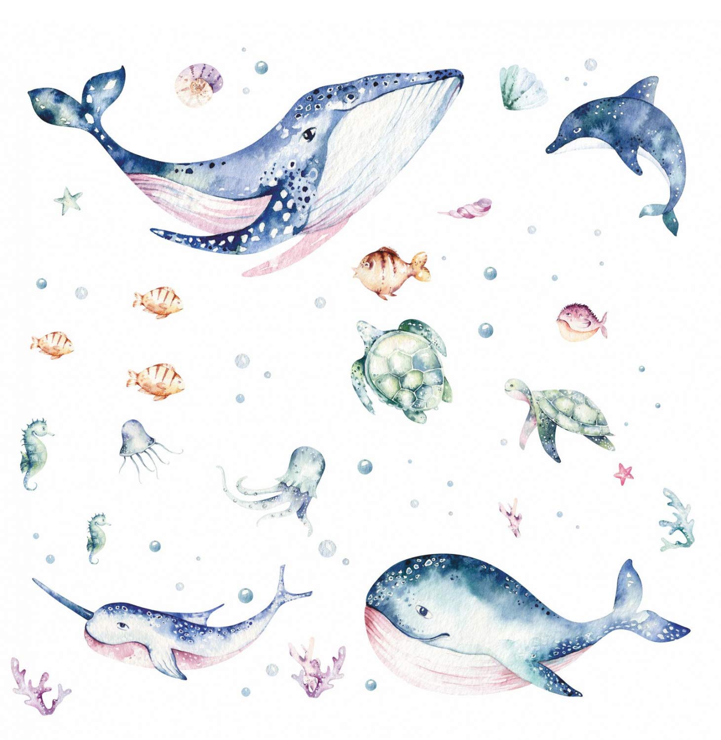 205 Wandtattoo Meerestiere Aquarell - Wal Delfin Schildkröten Größe 1250 x 700 mm - in 6 Größen - Kinderzimmer Sticker Wandaufkleber Wandsticker Wanddeko Wandbild