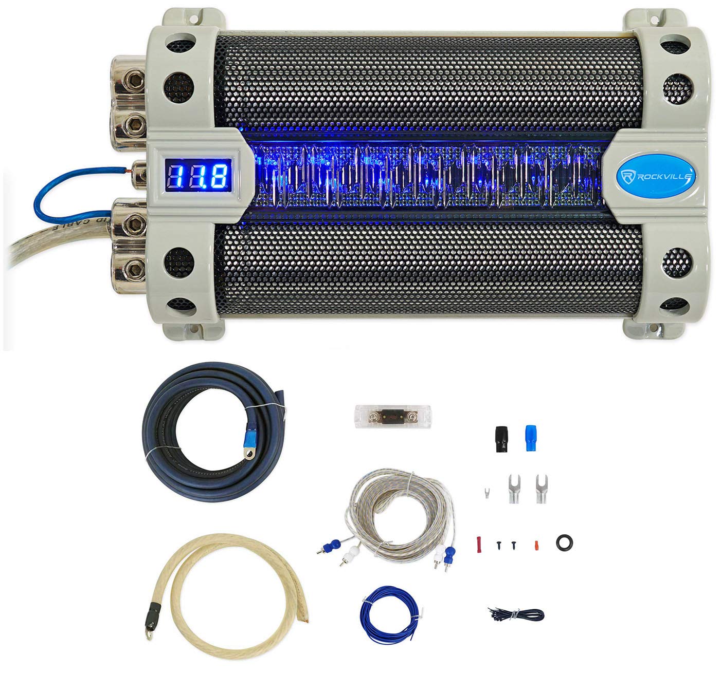 Rockville RFC30F Bundle: 30 Farad Capacitor with Blue Voltage Display, RWK01 0 Gauge Complete Car Amp Wiring Installation Kit with RCA Cables, for High Power Car Audio Systems, 2-Items