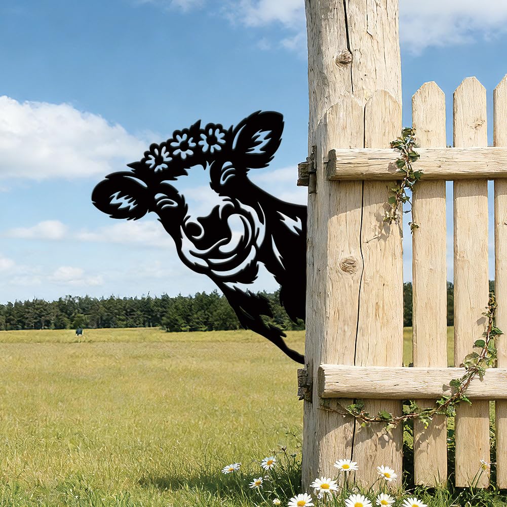 SUPERDANT Peeping Cow Metal Farm Garden Stakes Decor 30cm 1 Piece Black Cow Silhouette Yard Art Matte Iron Easy Push Install For Lawn Flower Bed Pond Side Black