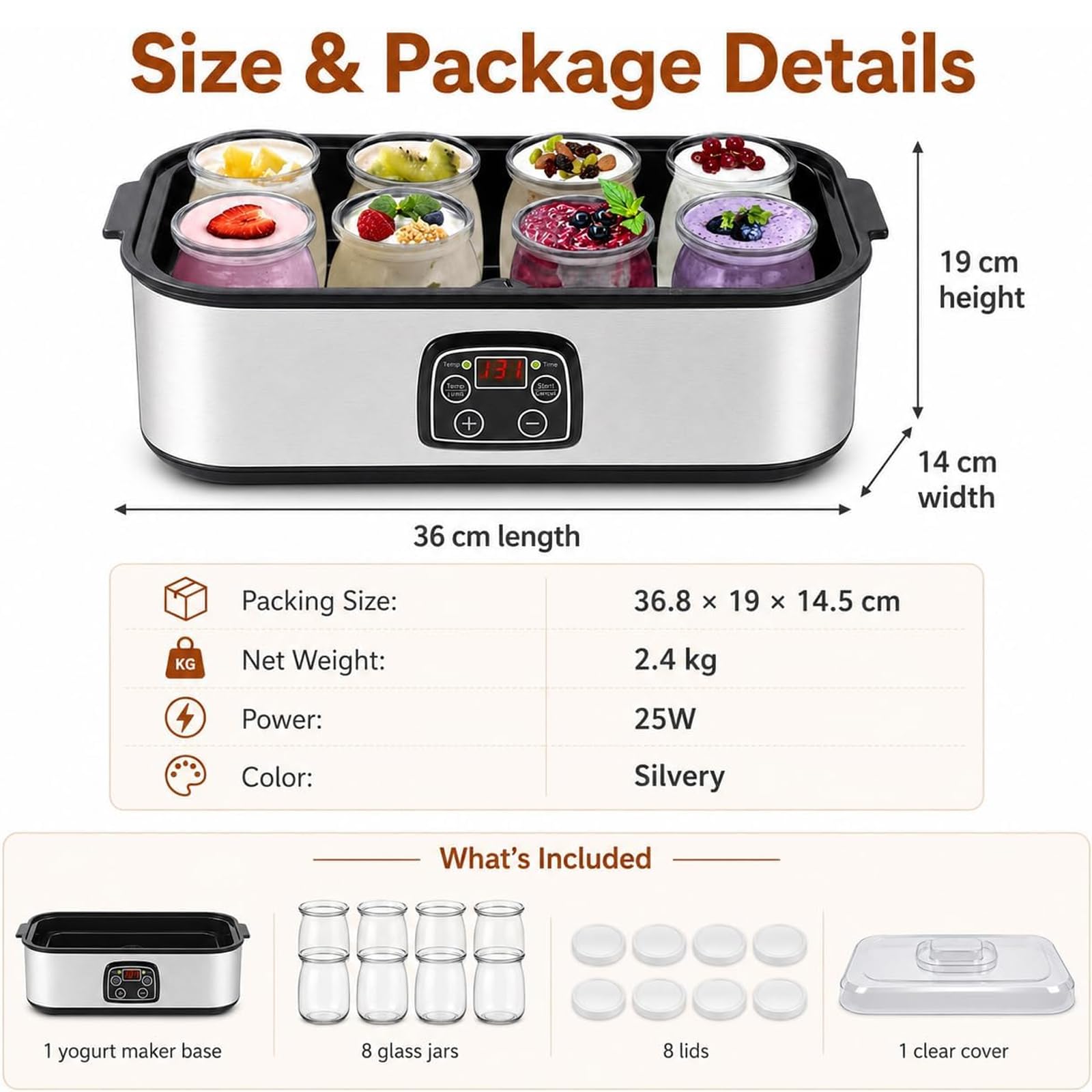Yogurtiera 1400 ml con 8 vasetti di vetro, macchina per yogurt in acciaio inossidabile con display a LED, controllo del tempo e della temperatura regolabili, per dessert biologici fatti in casa