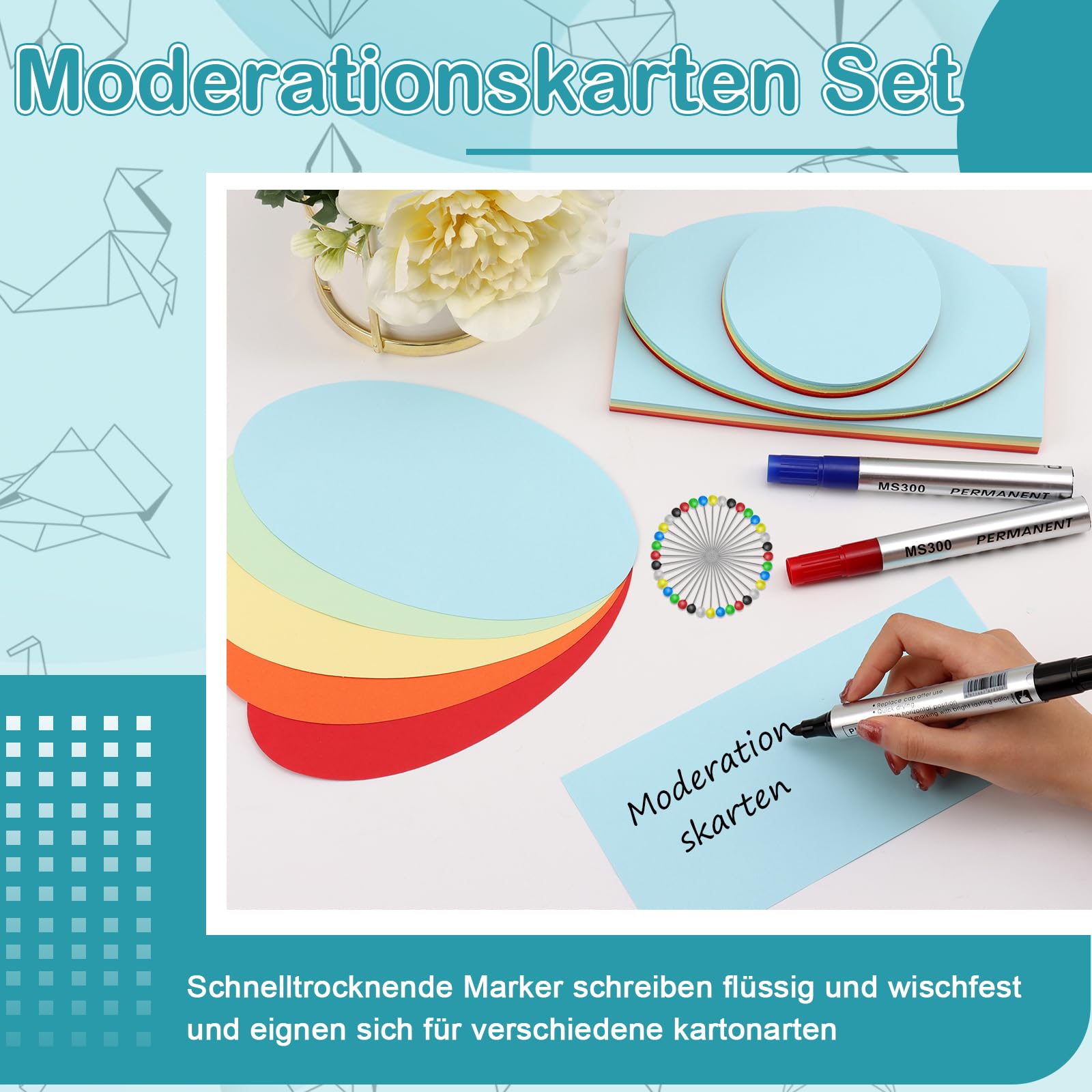Moderationskarten Set 250 Stück Presentation Cards Rund Rechteckig Oval Präsentationskarten Bunt Moderationskoffer Flipchart-papier mit Dokumentenmappe A4 Lackmarker Stecknadeln Punktaufklebern