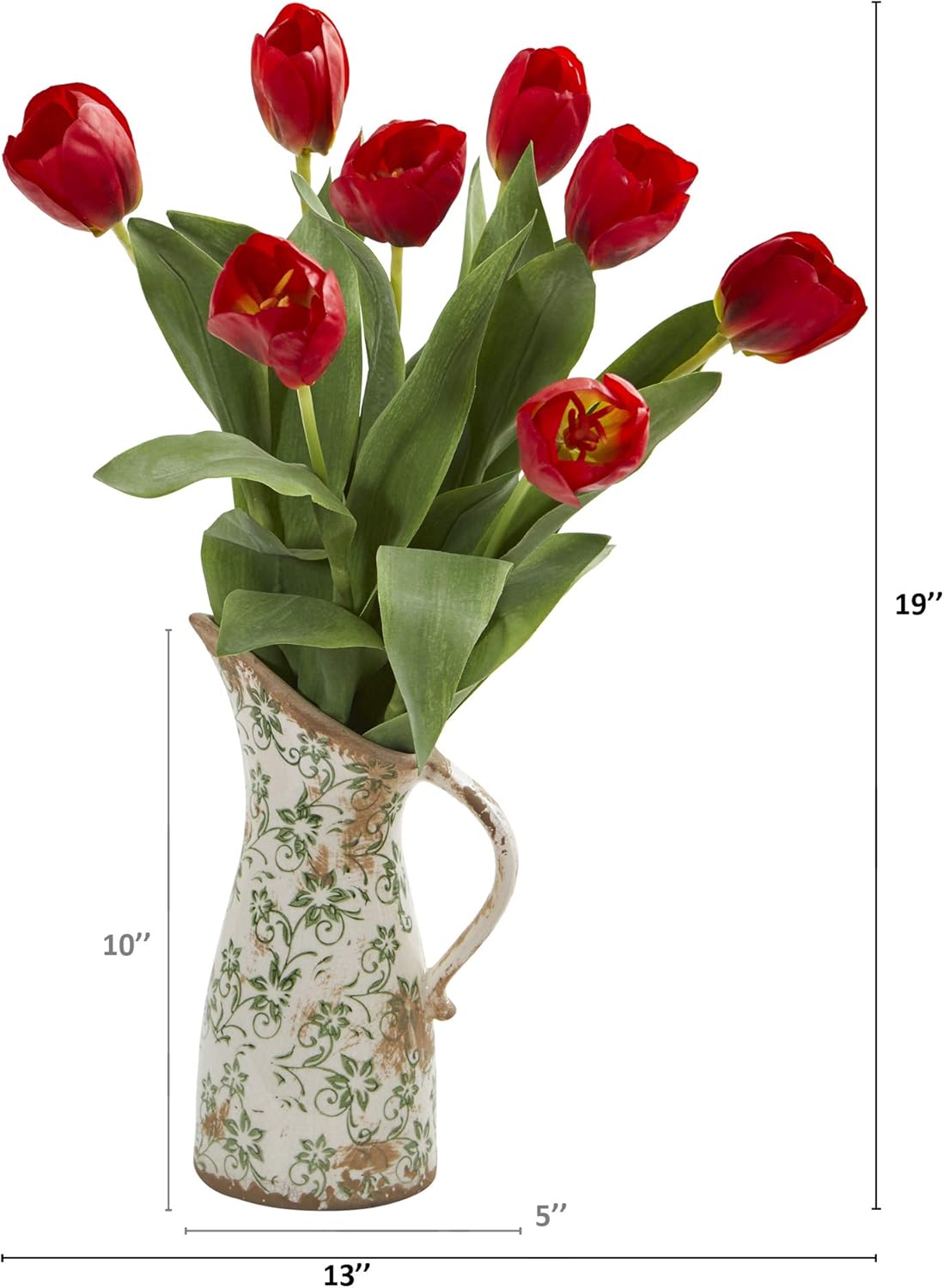 Nearly Natural 19in. Tulip Artificial Floral Pitcher Silk Arrangements, Red, A1332-RD