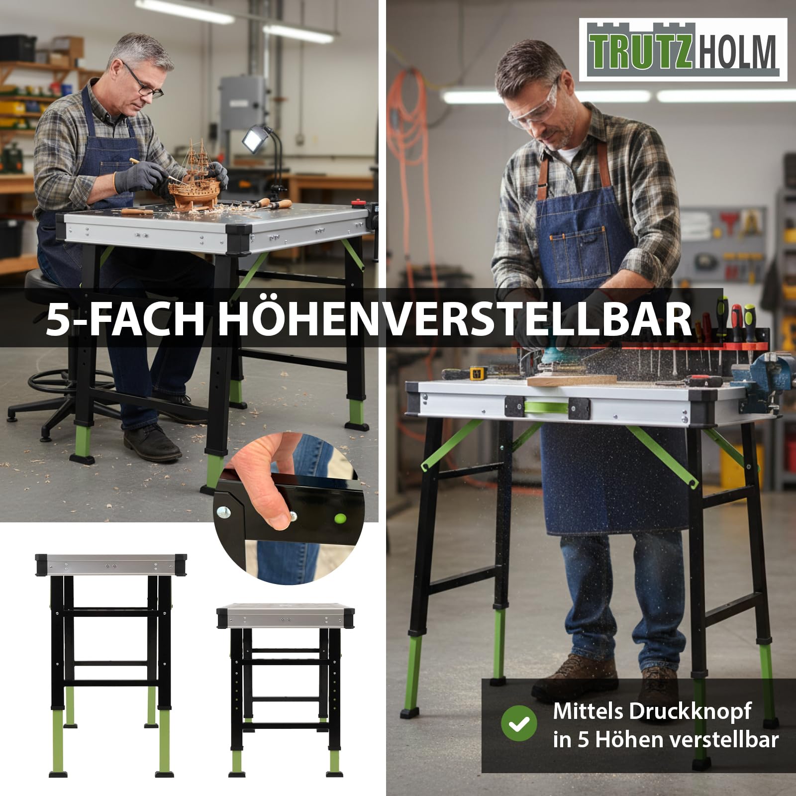 TRUTZHOLM 2 x Werkbank Multifunktionstisch Spanntisch 60 x 85 cm klappbar höhenverstellbar 73–90 cm Arbeitstisch mit Messskala, 450 Kg, 20mm Lochrastersystem, Werkzeugboxen, Schnellspannern