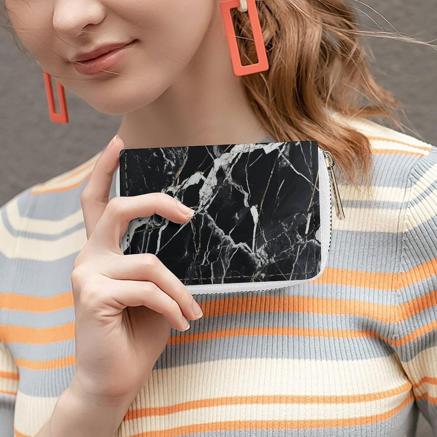 Leather Card Organizer Case Card Wallet Credit Card Holder Black And White Marble Printed Zipper Card Cases Holder for Women Men