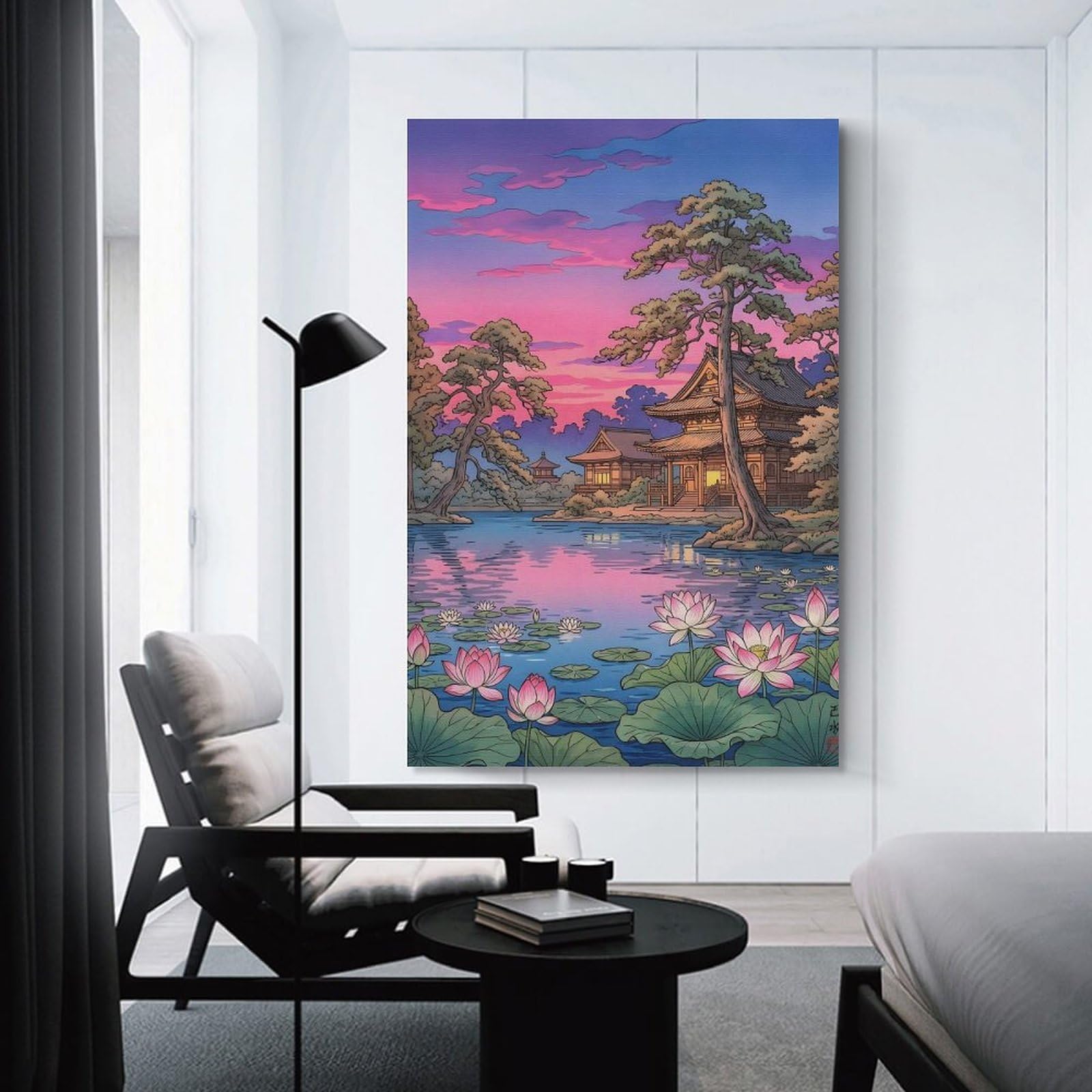 Junmoney Japanese Temple And Lotus Pond at Sunset Wall Picture Print 16x24inch(40x60cm), for Corridors, Hallways Or Apartment Entries, Wall Decor to Refresh Empty Corners