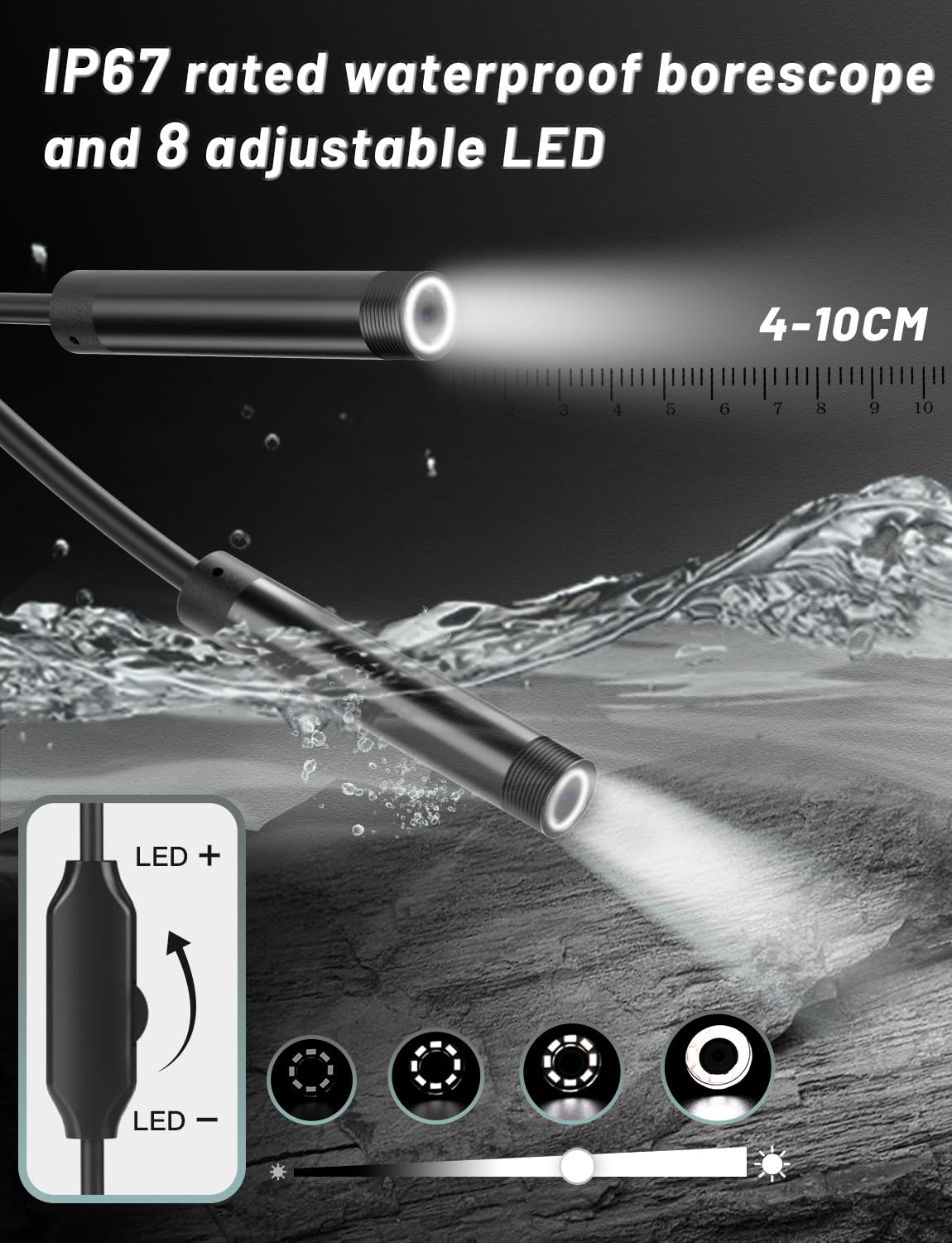 Endoscopio Telecamera 1920P HD con Luce a 8 LED, 5m con IP67 Impermeabile, per Ispezione - Compatibile con Android, iOS, iPad, Samsung