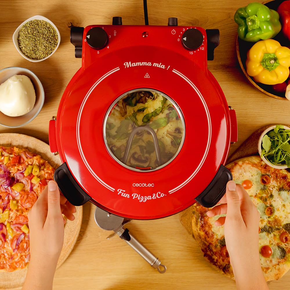Cecotec four-gril électrique pour pizza Fun Pizza&Co Mamma Mía Vista, 1200 W, minuteur 15 minutes, température maximale de 420ºC en 3 minutes, fenêtre de visualisation, plaque de pierre.