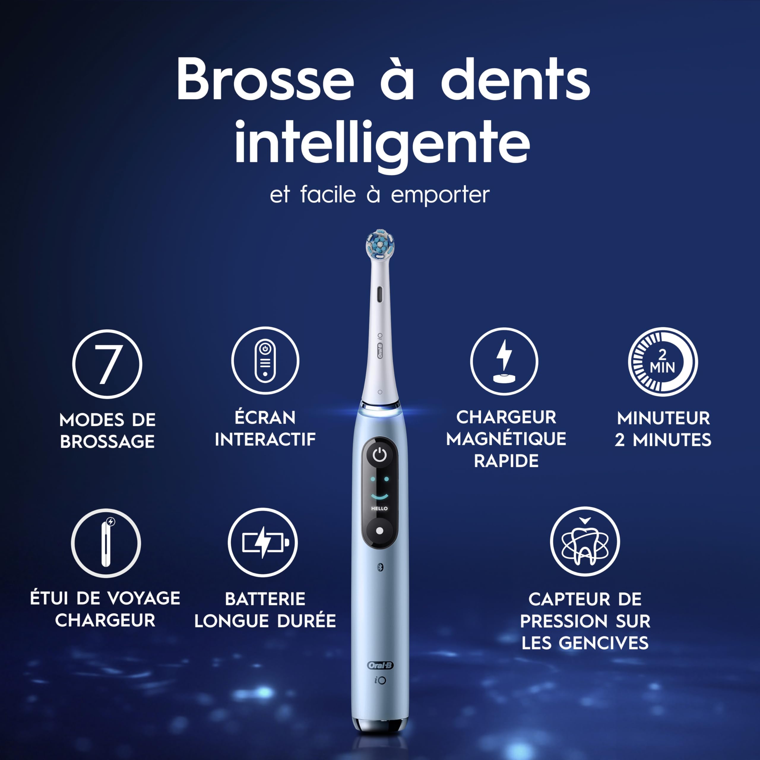Oral-B Brosse A Dents Electrique iO 9 Bleue, 7 Modes De Brossage Dont Blancheur Et Soin Des Gencives, 16 Zones De Nettoyage, Ecran Interactif, Brossette Oral B De Rechange, Etui De Voyage