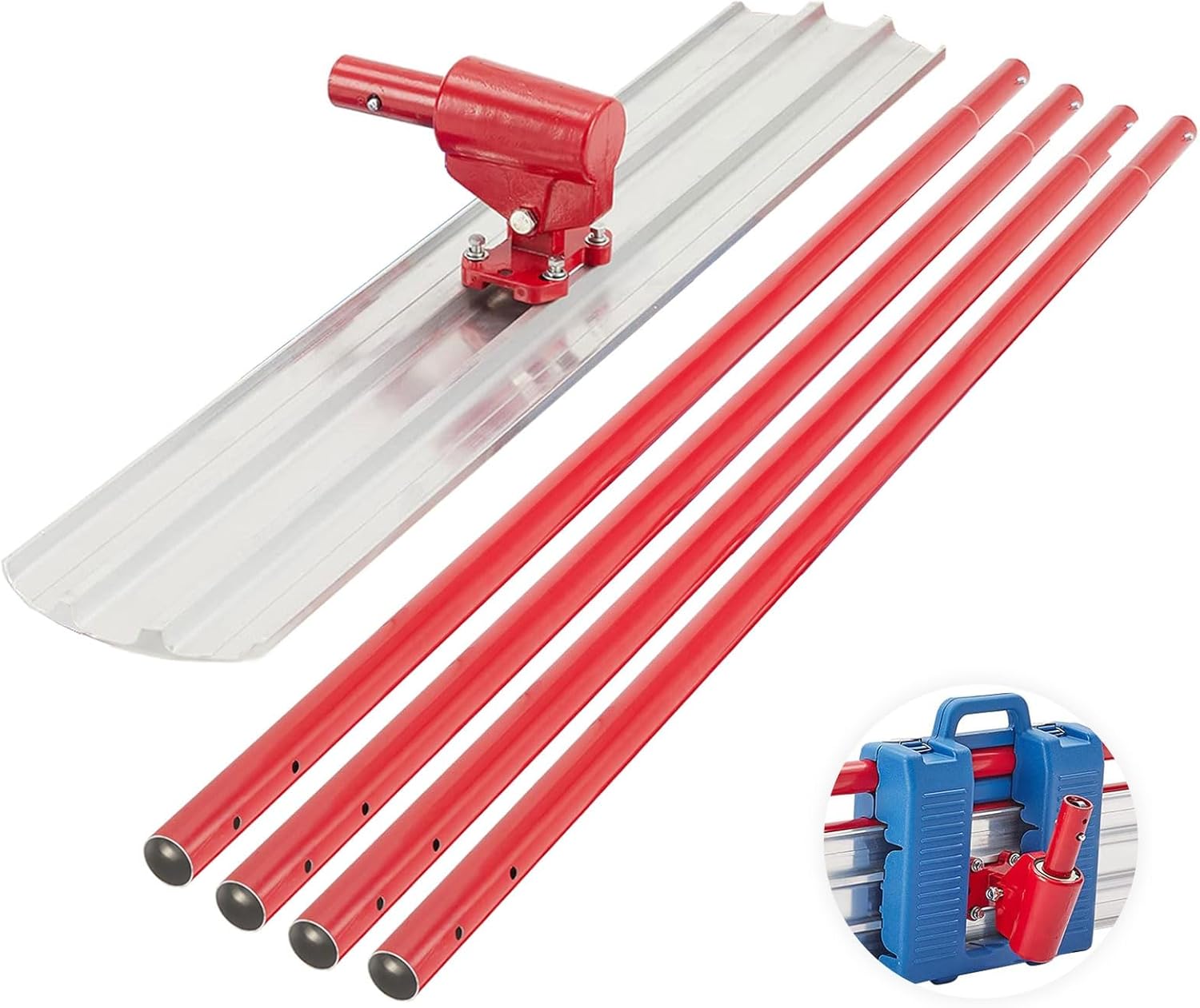 48x8"Bull Float Magnesium Concrete Float?Round End Concrete Float Concrete Kit with 4 Interlocking Poles?Bull Float with Carrying Plastic Tool Box Red