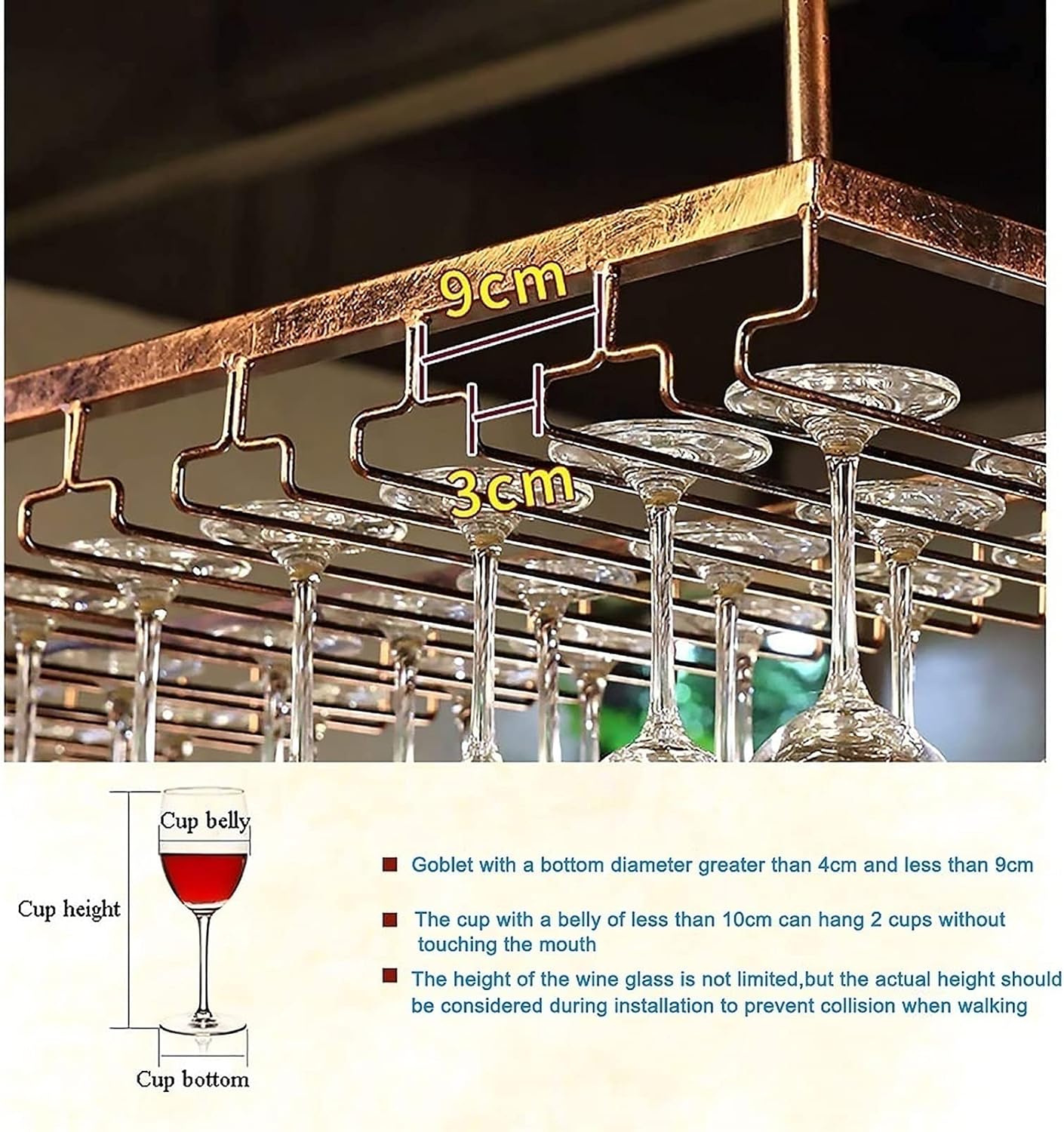 Wine Rack Ceiling Floating Shelf Ceiling Wine Glass Rack - Industrial Vintage Wrought Iron Wall Hanging Goblet Cup Holder Adjustable Wine Glass Display Stand for Kitchen/,Brown-120 * 40cm