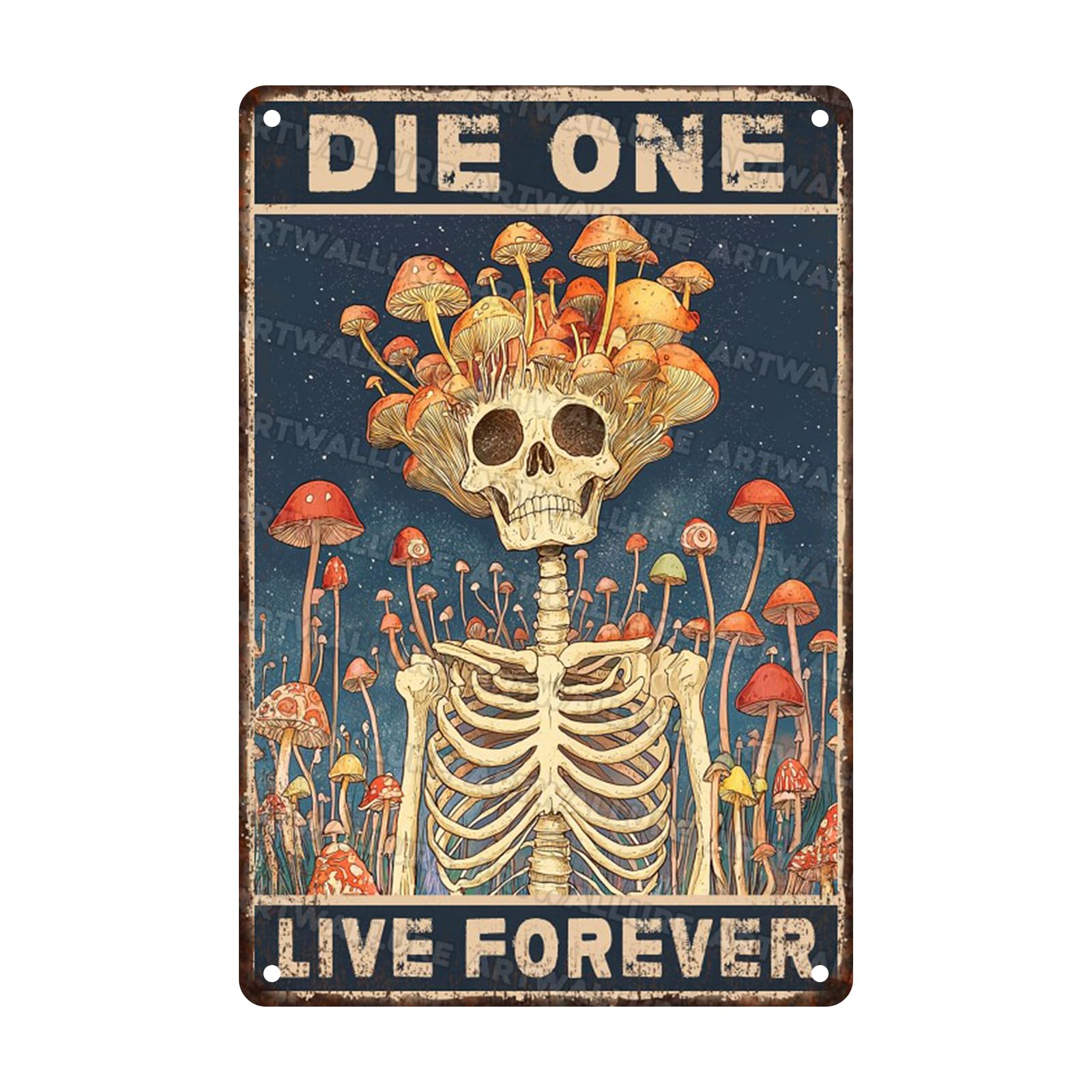 Retro Metal Tin Sign Mushroom Hunting Skeleton Skull Rustic Wall Art Gothic Cabin Decor Camping Philosophy Iron Painting 8x12inch