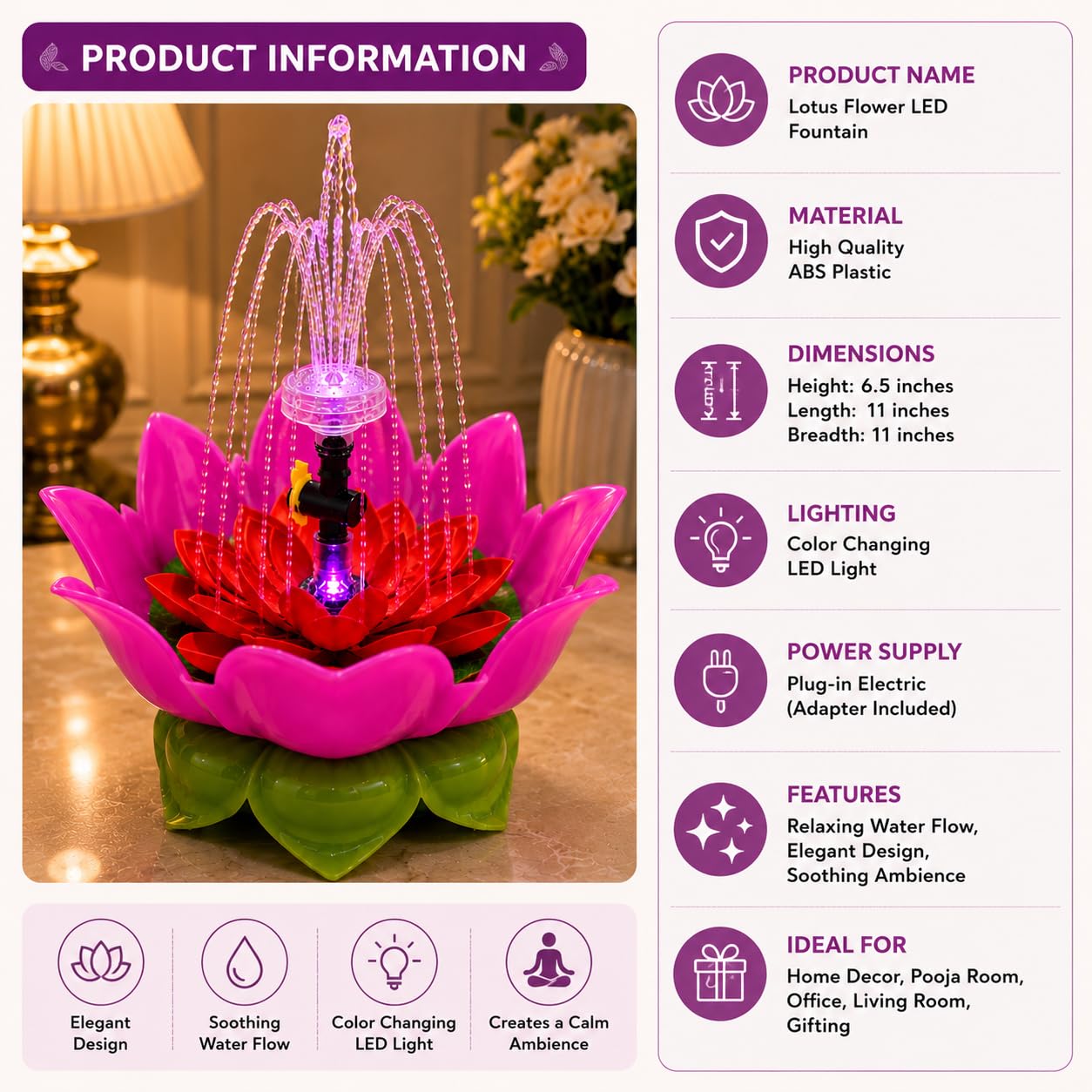 Lotus Fountain - Home Temple Decor with LED Light -4
