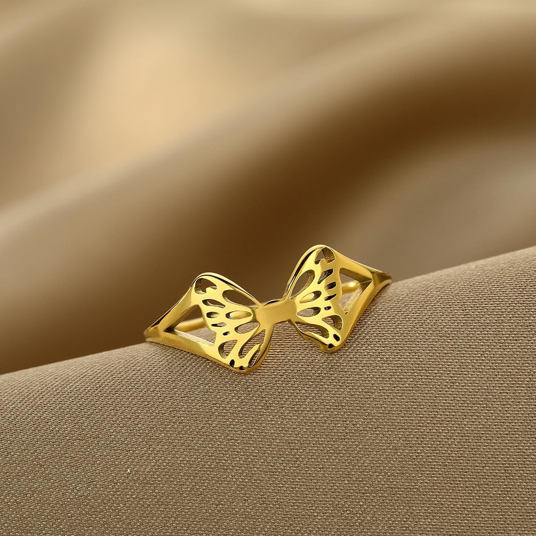 Rrdaily 14k Gold Hollow Butterfly Rings, Trendy Stainless Steel Cut Pattern Statement Rings, Dainty Retro None Tarnish Jewelry Gifts for Women Teen Girls - Image 6