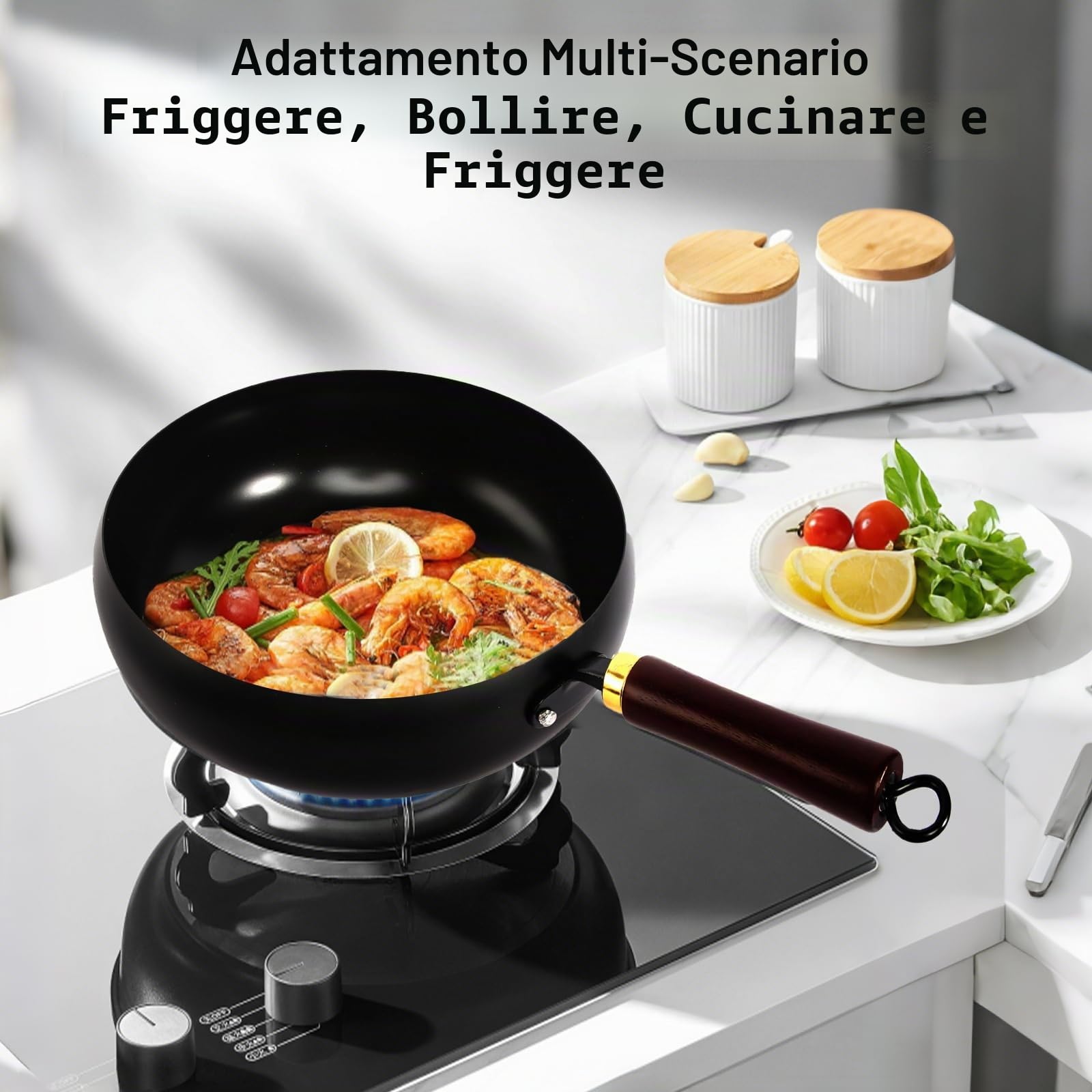 Casseruola in ferro battuto a mano, padella giapponese in ferro battuto con coperchio in legno 28 cm padella in ferro non rivestita antiaderente multiuso per cucina, ristorante o casa