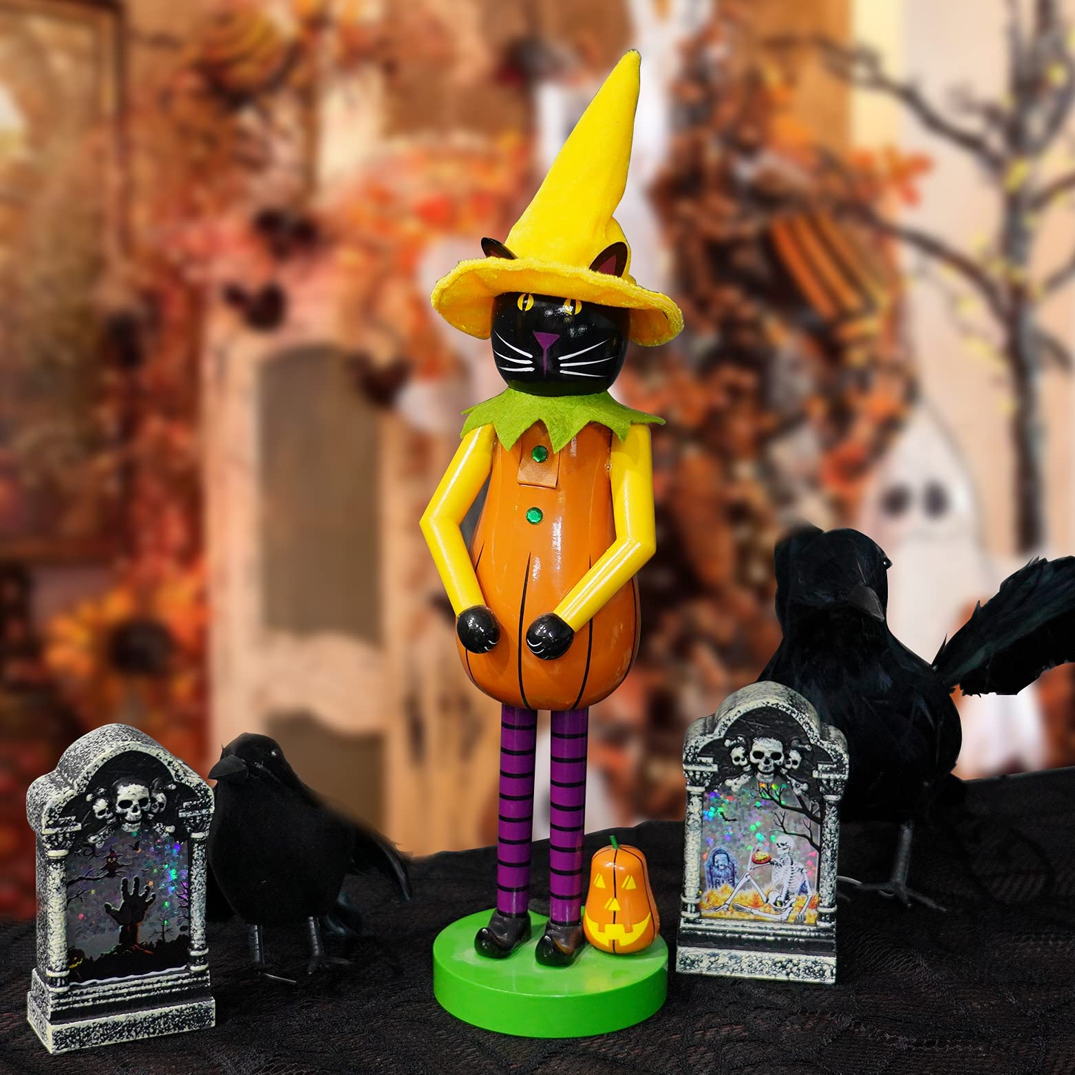 Figurine Casse-noisette En Bois Chat Sorcière 35 Cm - Décoration Halloween, Horreur, Pour étagère, Bibliothèque, Table