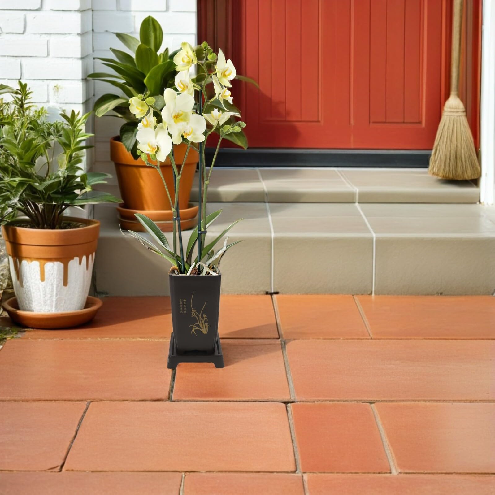 SEWACC Lot de 4 Pots à Orchidées en Plastique Épais Carré avec Trous de Drainage et Soucoupes, Pot de Culture Profond et Aéré pour Orchidées, Cactus et Bonsaïs, Adapté Jardin Intérieur