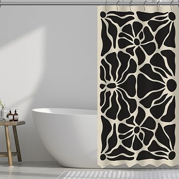 She Love Black Floral Mid Century Abstract Shower Curtain Vintage Boho Flower Black and Gray Art 70s Shower Curtain with Metal Hooks 36x72 Inch Waterproof Polyester Bathroom Curtain