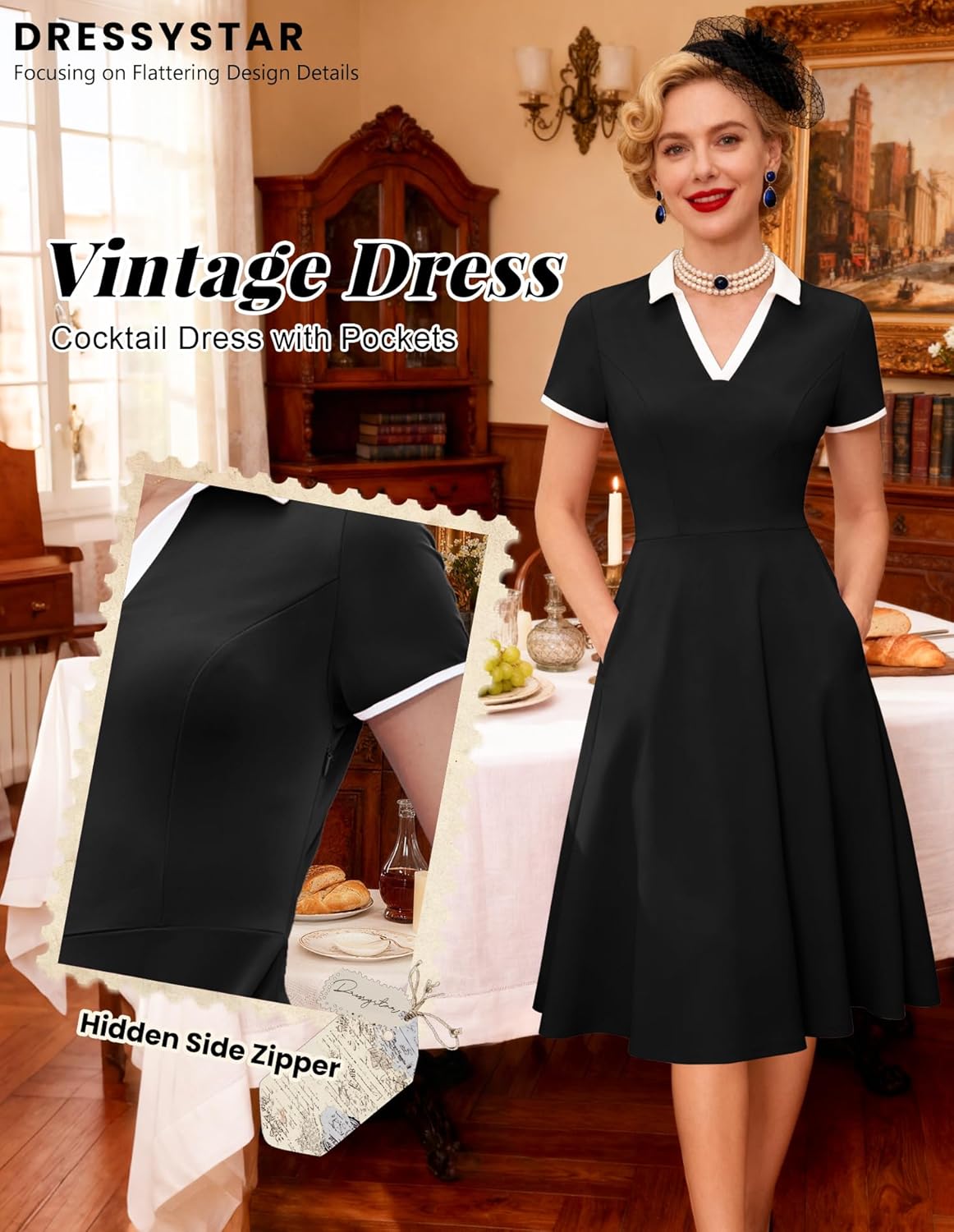 Dressystar Women V Neck 1950s Vintage Short Sleeves Dress Retro A Line Swing Rockabilly Cocktail Party Dresses with Pockets - Image 4