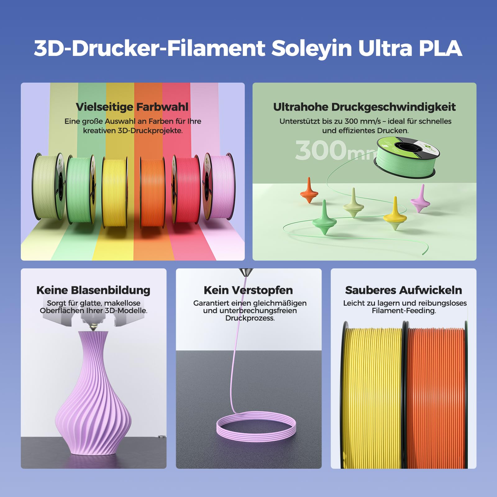 FILAMENTO SOLEYIN ULTRA PLA 1.75MM, PAQUETE DE PLA 10KG NEGRO/BLANCO/GRIS/ROJO/AMARILLO/NARANJA/AZUL/VERDE CLARO/VERDE/PÚRPURA