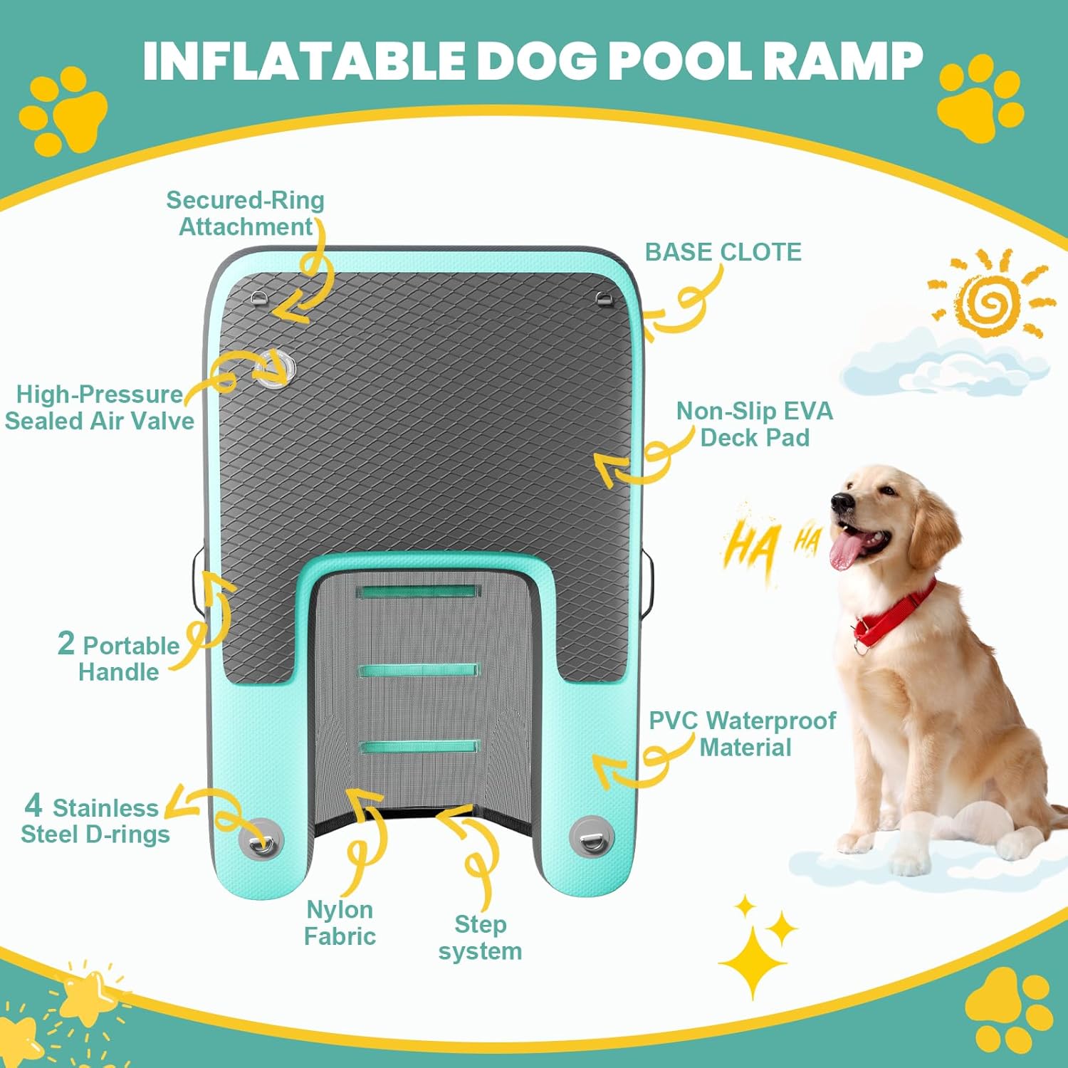 Inflatable Dog Water Ramp 47"x32" Non-Slip Floating Dock Platform for Large Dogs Up to 200 Pounds Dog Pool Ladder for Swimming Lake Boats Include Pump/Rope/Repair Kit