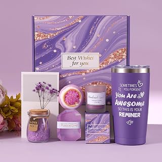 Lavendel Spa Geschenkset für Frauen – 6-teilig Wellness Geschenkbox mit Duftkerze, Badebombe, Seife, 20oz Tumbler, Badesalz & Karte – Entspannung Geschenk für Frauen Geburtstag Weihnachten