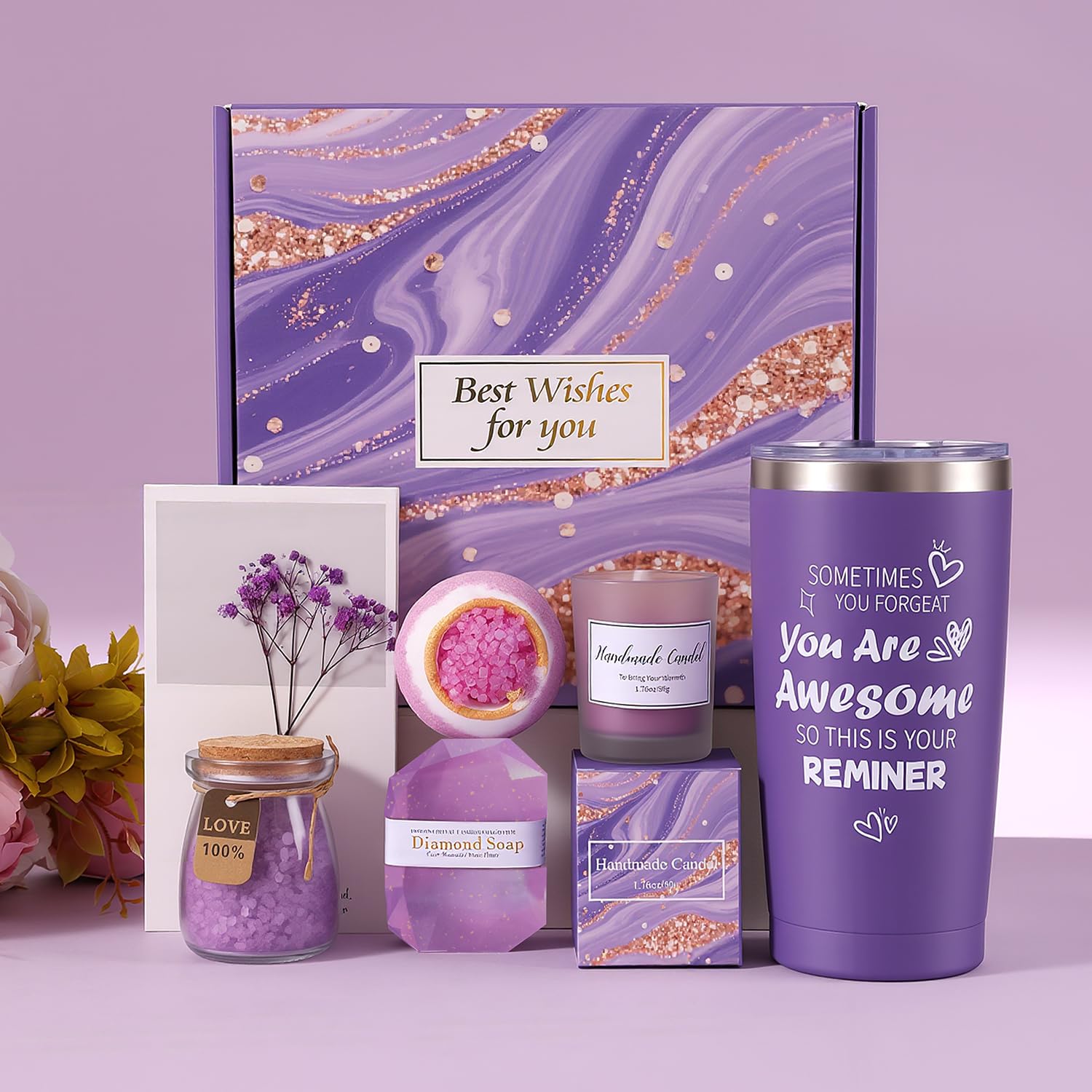 Set de regalo de spa de lavanda para mujer, 6 piezas, caja de regalo con vela perfumada, bomba de baño, jabón, vaso de 20 oz, sales de baño y tarjeta, regalo de relajación, regalo para mujeres