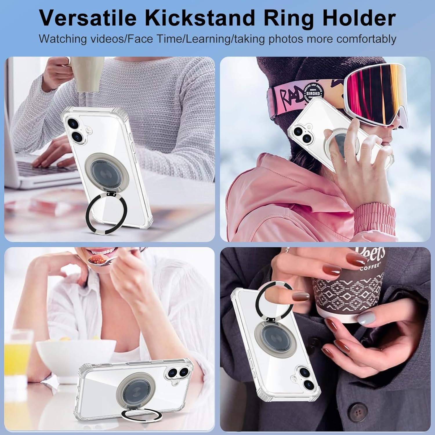 Clear Case for iPhone 16 Case with Magnetic 360 Rotatable Ring Stand [ Compatible with MagSafe ], Military Grade Heavy Duty Cover with Ring Kickstand for Women Men, Transparent - Image 3