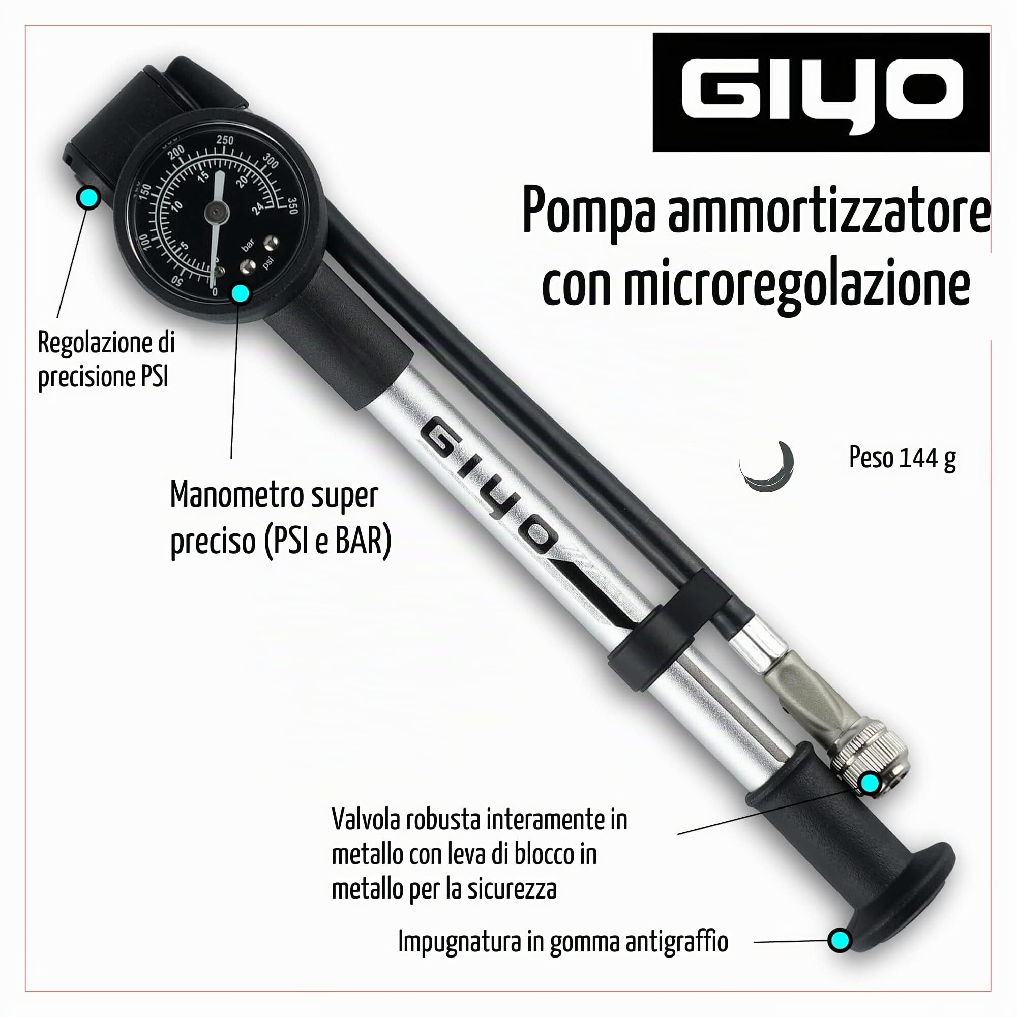 GIYO - Pompa per ammortizzatori ad alta pressione (350 PSI) – Forte leva di bloccaggio per nessuna perdita d'aria, fusto in alluminio, manometro da 3,8 cm, regolatore di scarico micro-regolabile, tubo