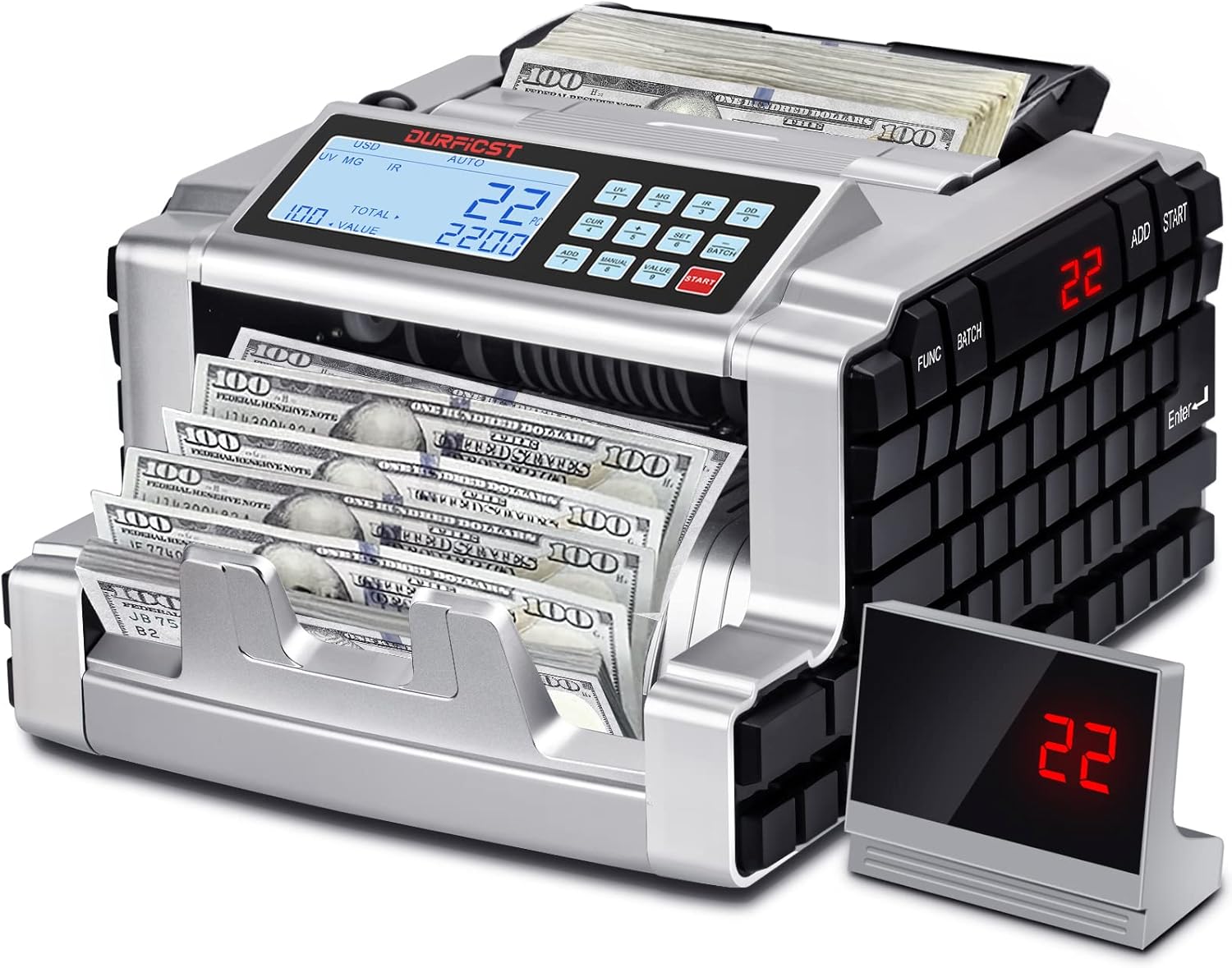 Money Counter Machine, DURFICST Bill Counter with UV/MG/IR/DD Counterfeit Detection, with Value, Count, Add and Batch Modes - with Large LCD Display & Fast Counting Speed 1000 Bills/min : Office Products