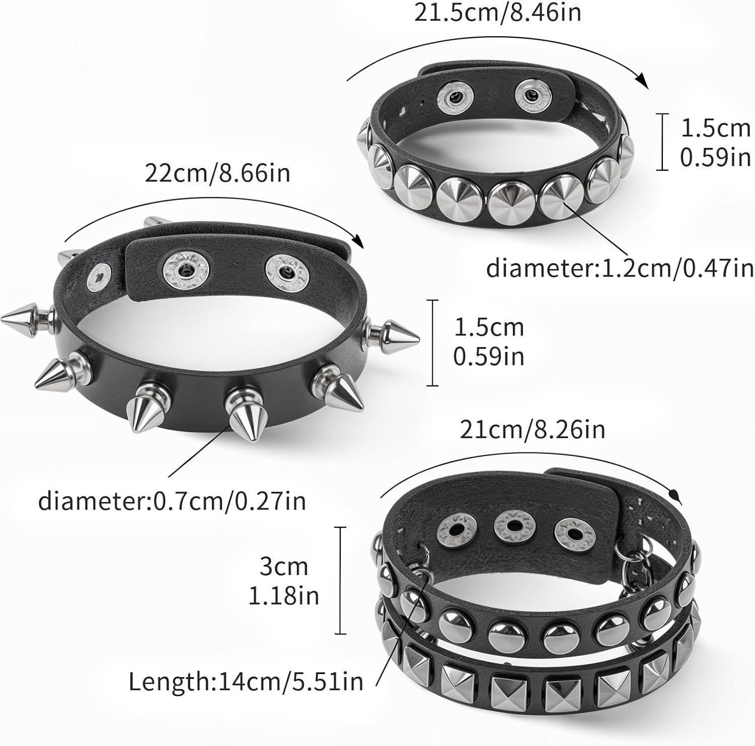 3 Pcs Studded Black Spiked Emo Punk Gothic Spike Leather Cuff Set Adjustable Wristband Bangle Punk Rock Bracelet For Men Women 80s Jewelry Party Night Club - Image 2