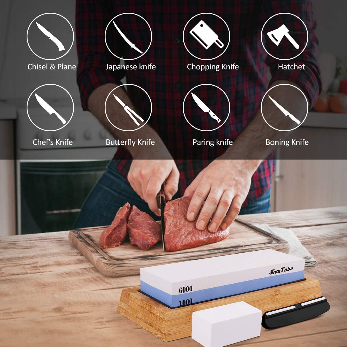 AivaToba Whetstone Knife Sharpening Stone 2 Side Grit 1000/6000 Whetstone Knife Sharpener, Waterstones Sharpening Set Water Stone for Kitchen with Angle Guide, NonSlip Bamboo Base, Flattening Stone - - 