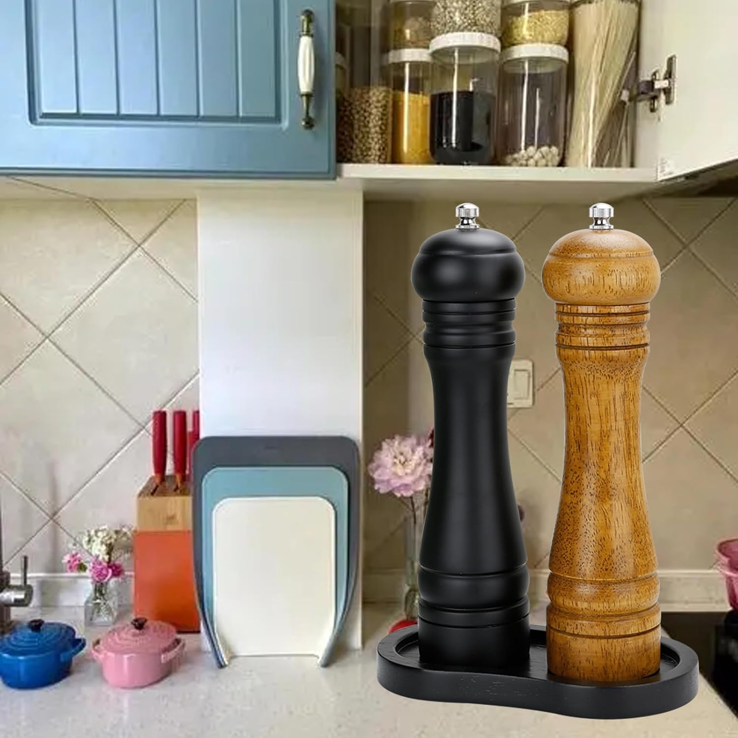 Black Wooden Pepper Grinder Tray – Stylish Holder for Salt and Pepper Shakers – Countertop & Tabletop Protector for Kitchen & Dining (Mill Not Included)