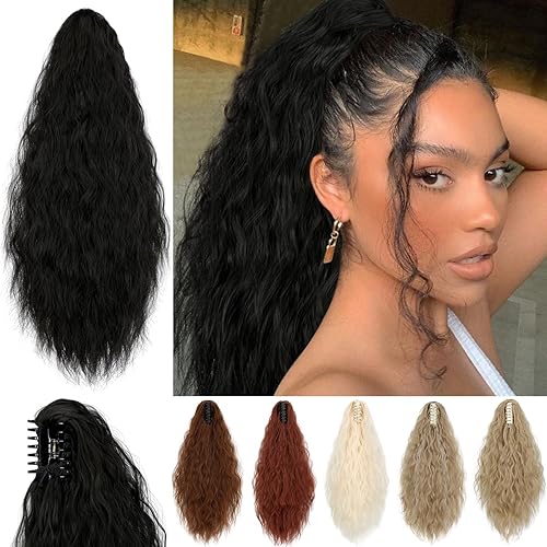 Extensión de cola de caballo con clip de garra para mujer, 18 pulgadas de largo, ondulado, multicapa, pelo sintético esponjoso, mezcla de rubio