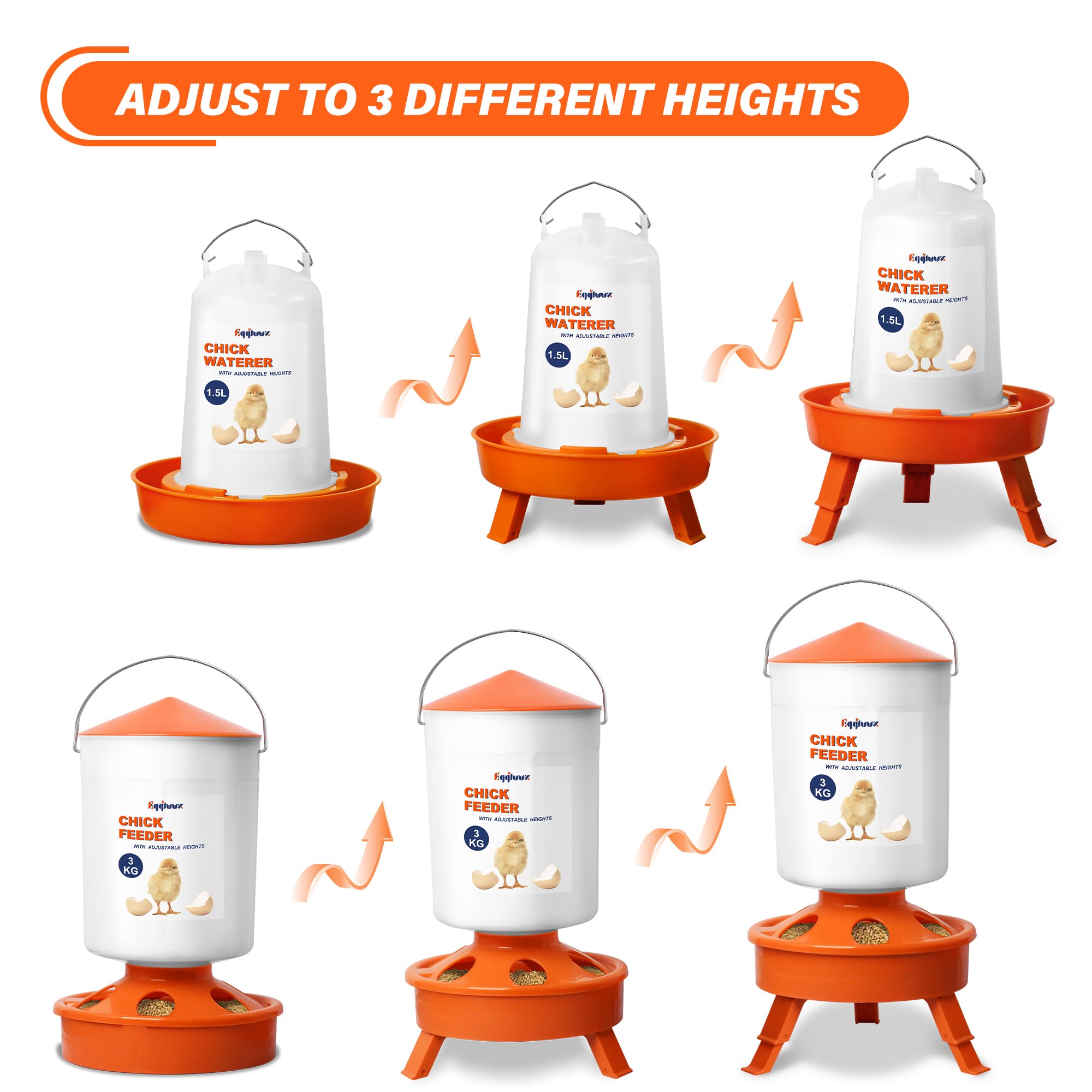 Eggluuz Kit de comedero y bebedero para pollitos, comedero para pollitos de 3 kg y bebedero para pollitos de 1,5 L con 3 alturas ajustables