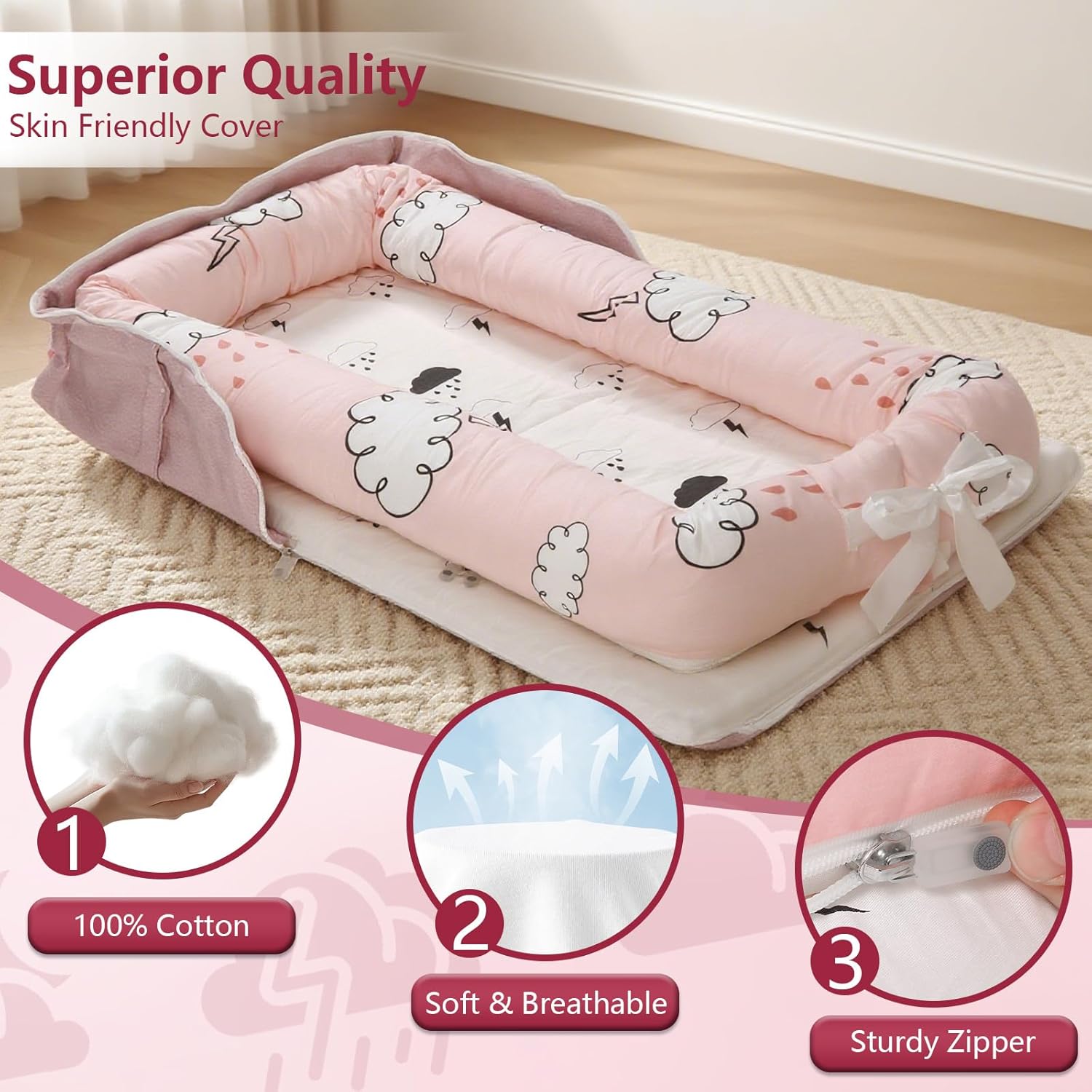 Baby Lounger for Newborn to Toddler 0-24 Months - Portable Infant Lounger with Breathable Cotton, Adjustable Size & Lengthen Space Travel Strap for Home, Outdoor (3. Cloud) - Image 2