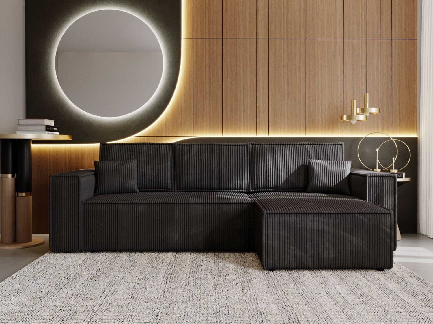 GRAINGOLD Prato XL Ecksofa mit Schlaffunktion & Bettkasten 280x170 cm, L-Form Sofa mit Stauraum, Schlafcouch für Wohnzimmer, Cord Stoff, 4-Sitzer Eckcouch, Modernes Design (Schwarz)