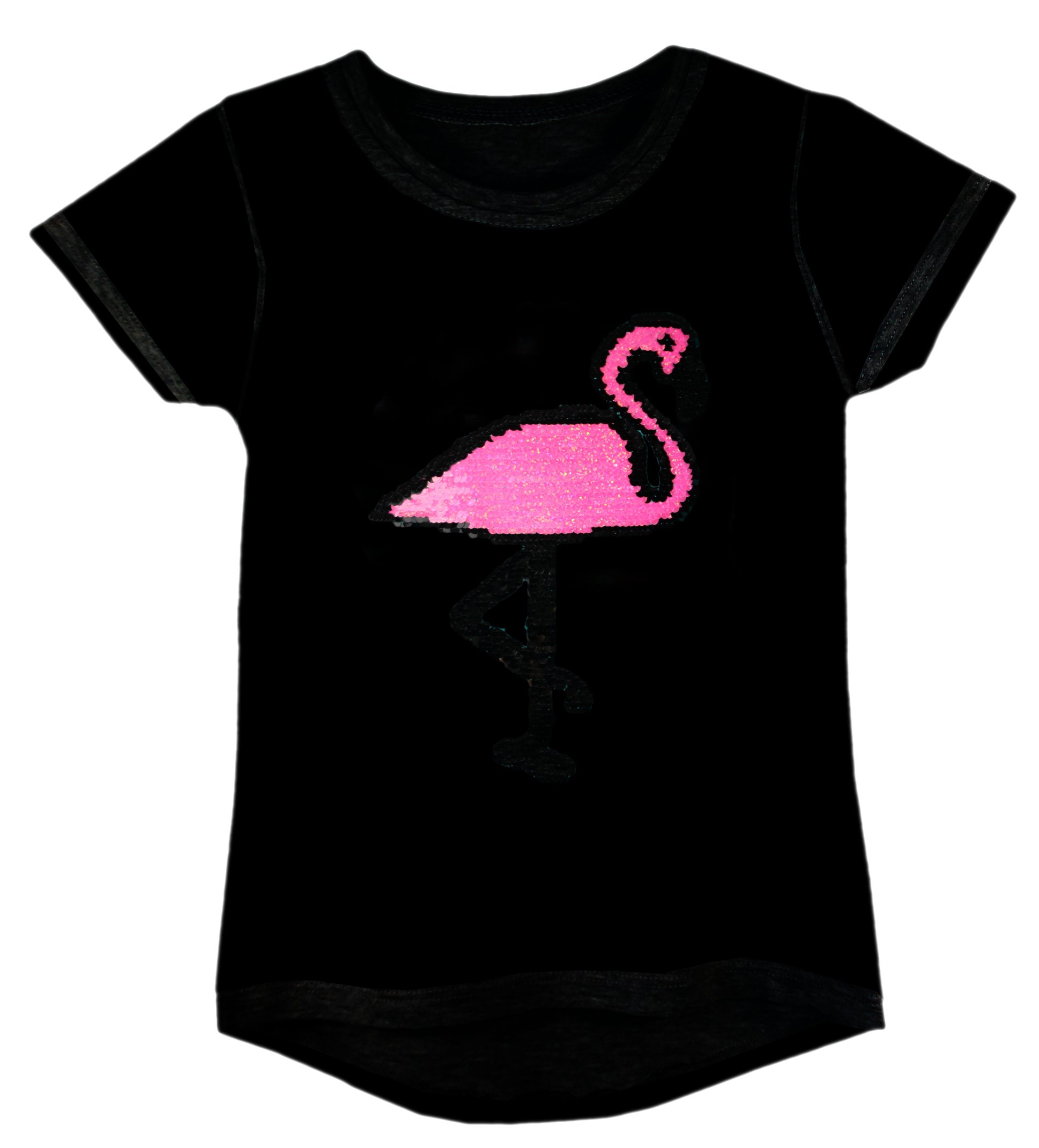 Girls Flamingo T-Shirt Brush Changing Sequin Short Sleeve Tee Top Colour: Black Flamingo - Size: 5-6 Years