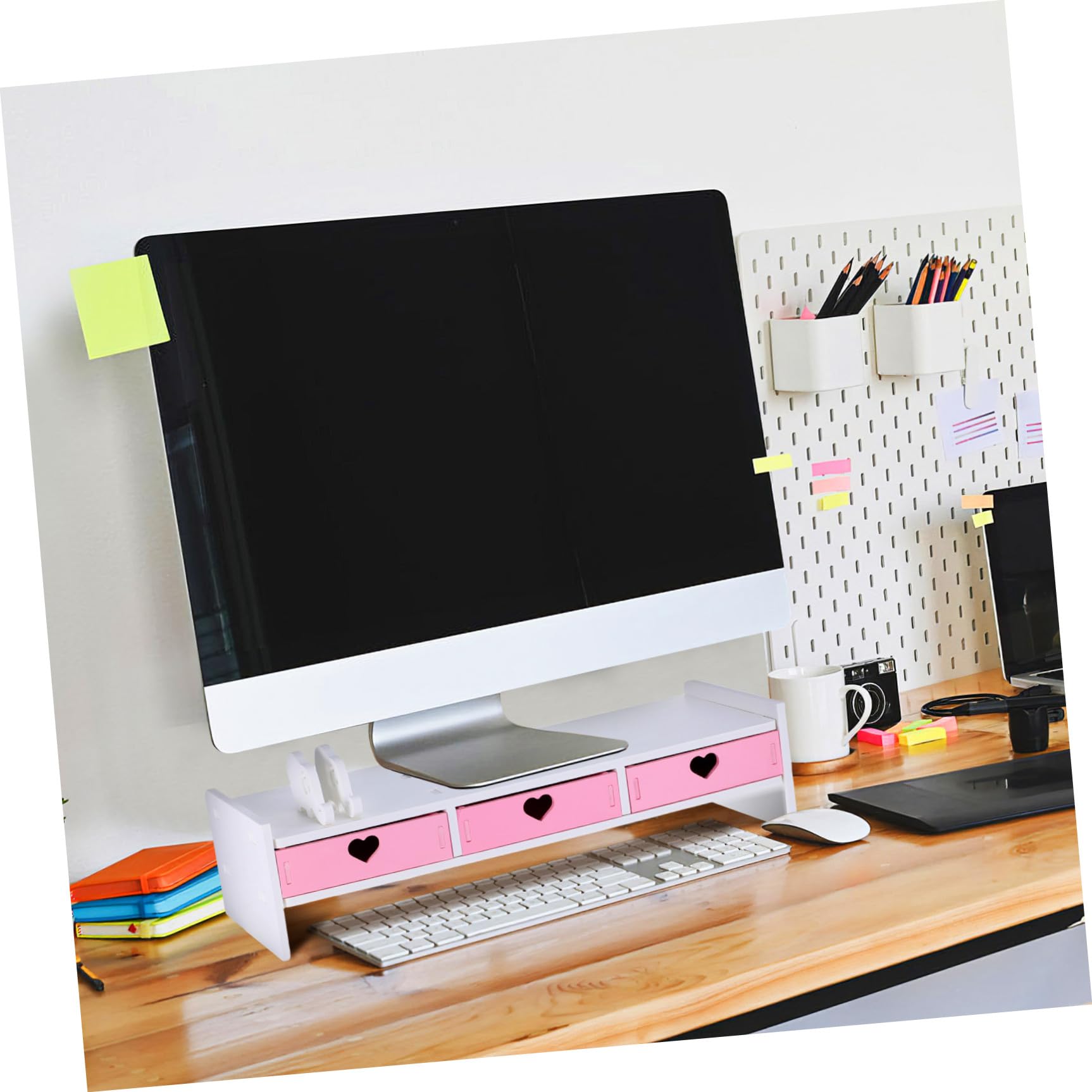 Housoutil Supporto per Monitor da Scrivania in PVC Rosa e Bianco, Rialzo e Organizzatore per Computer da Ufficio e Studenti, Spazio Salvaspazio per Tastiera e Accessori