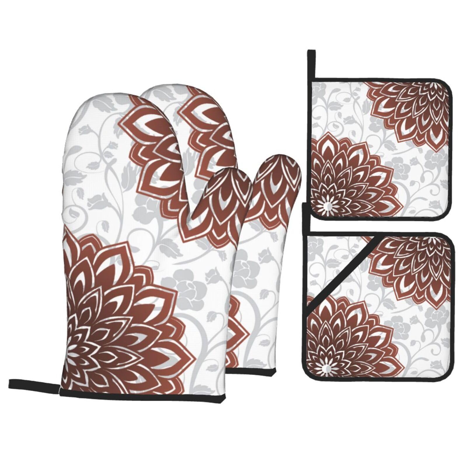 Dahlia Floral Oven Mitts and Pot Holders Sets - Grey Red Kitchen Mitts Potholders 4 Pack Heat Resistant Farmhouse Flower Oven Gloves Hot Pads for Kitchen Baking Grilling Party