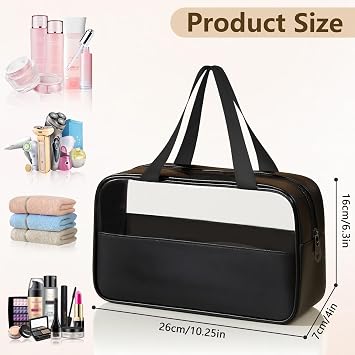 MOXYOY Clear Travel Toiletry Bag,Portable Makeup Bag Cosmetic Wash Bags,with Zippers Travel Essentials,PVC+PU Hanging Transparent Waterproof Bag,Vacation Bathroom Organizer,for Women and Men (Black)