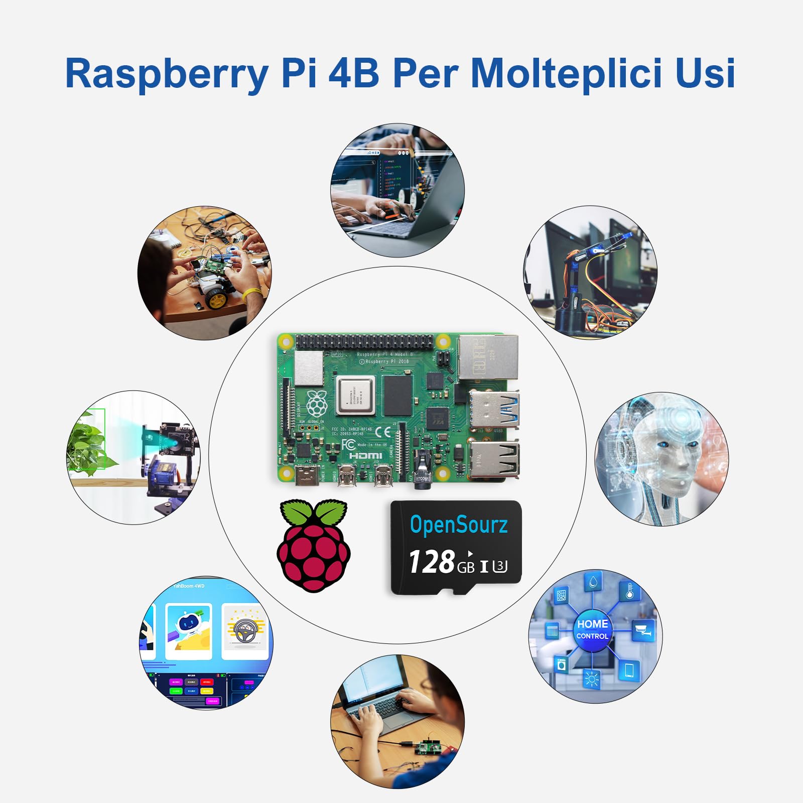 OpenSourz Raspberry Pi 4 Modello B 8GB RAM con 128GB Scheda SD, Alloggiamento PC/ABS, Dissipatore Termico, Ventola di Raffreddamento, Cavo HDMI, Alimentazione USB-C 5V 3A con Interruttore