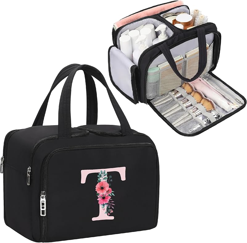 Necessaire WGEAR com inicial T, compartimento para pincéis e separação entre itens secos e úmidos