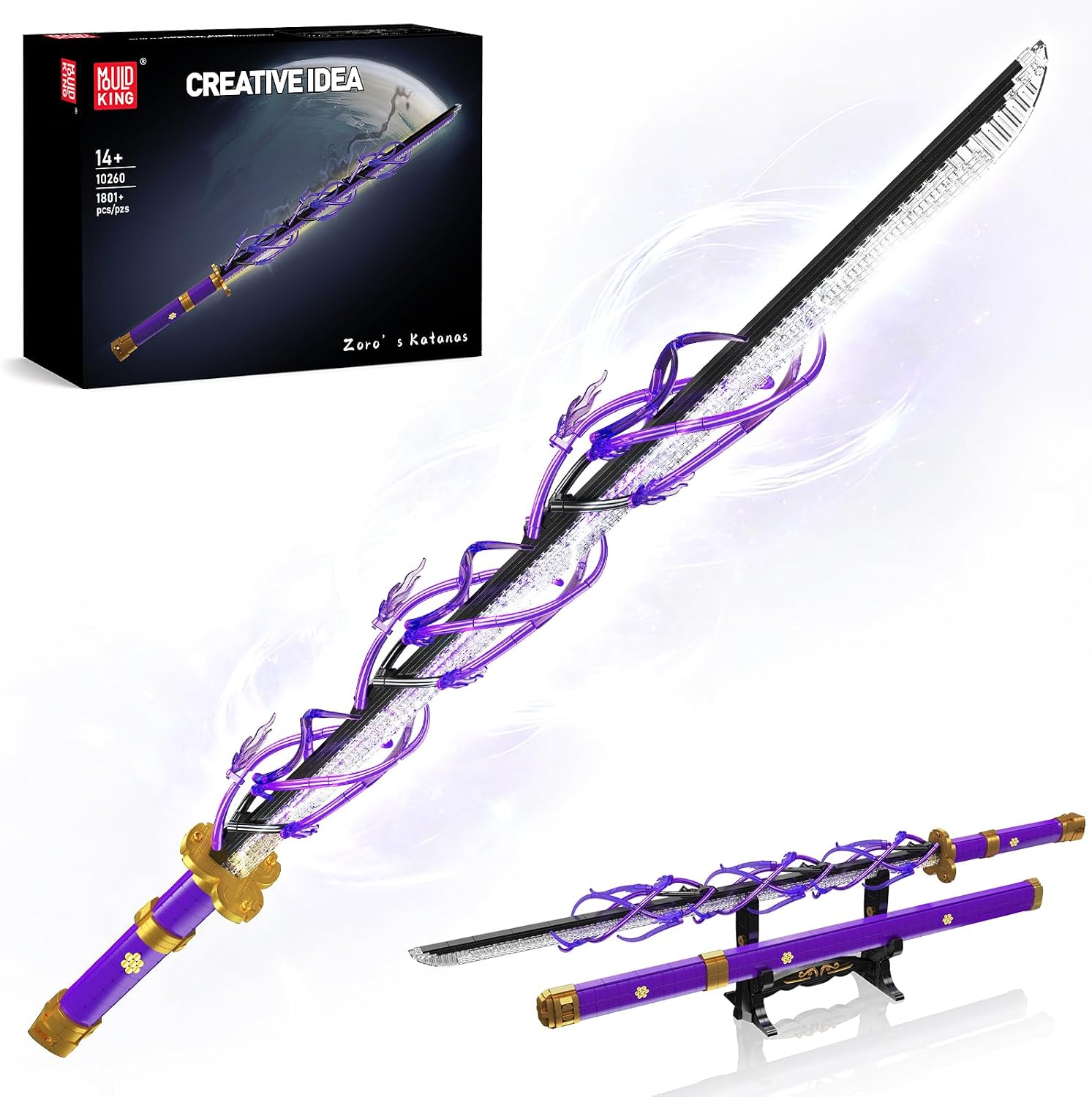 Mould King 10260 Zoro Sword Building Block Set, Anime Sword with Holder Stand & LED Light, Assembly Collectible Model Kit for Adults, Teens(1801 PCS)