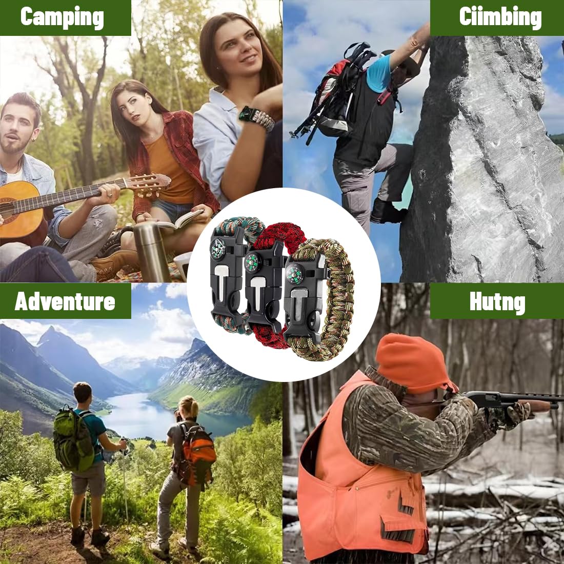 3pcs Pulsera de Supervivencia,Multifuncional Pulsera,Con Flint Brújula Silbato,Adecuado para Senderismo,Acampada,Montañismo y Actividades al Aire Libre