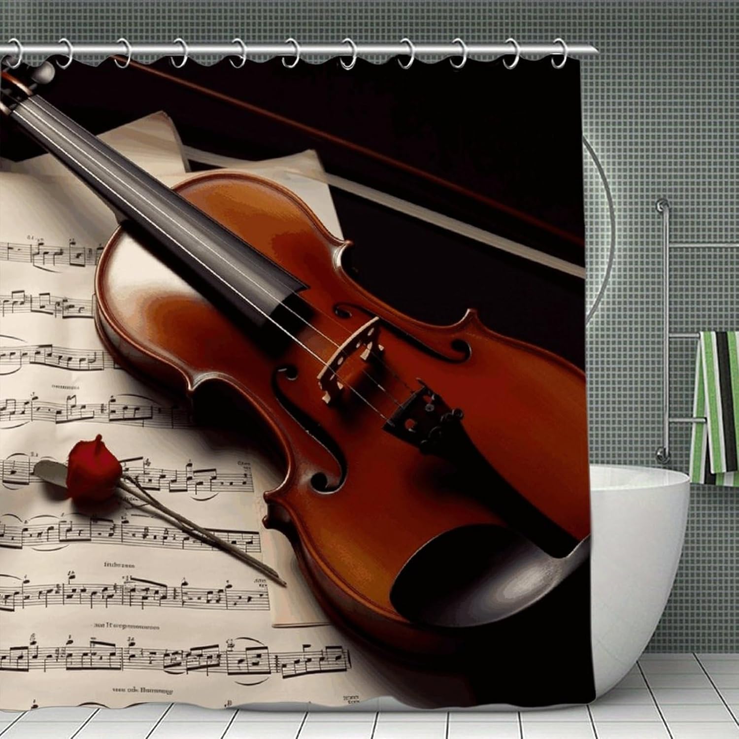 Violin Sheet Music Shower Curtain for Bathroom, Lightweight Washable Bath Curtains with Hooks, Waterproof Shower Curtains, Personalized Bath Curtain for Hotel, 70.8x70.8inch
