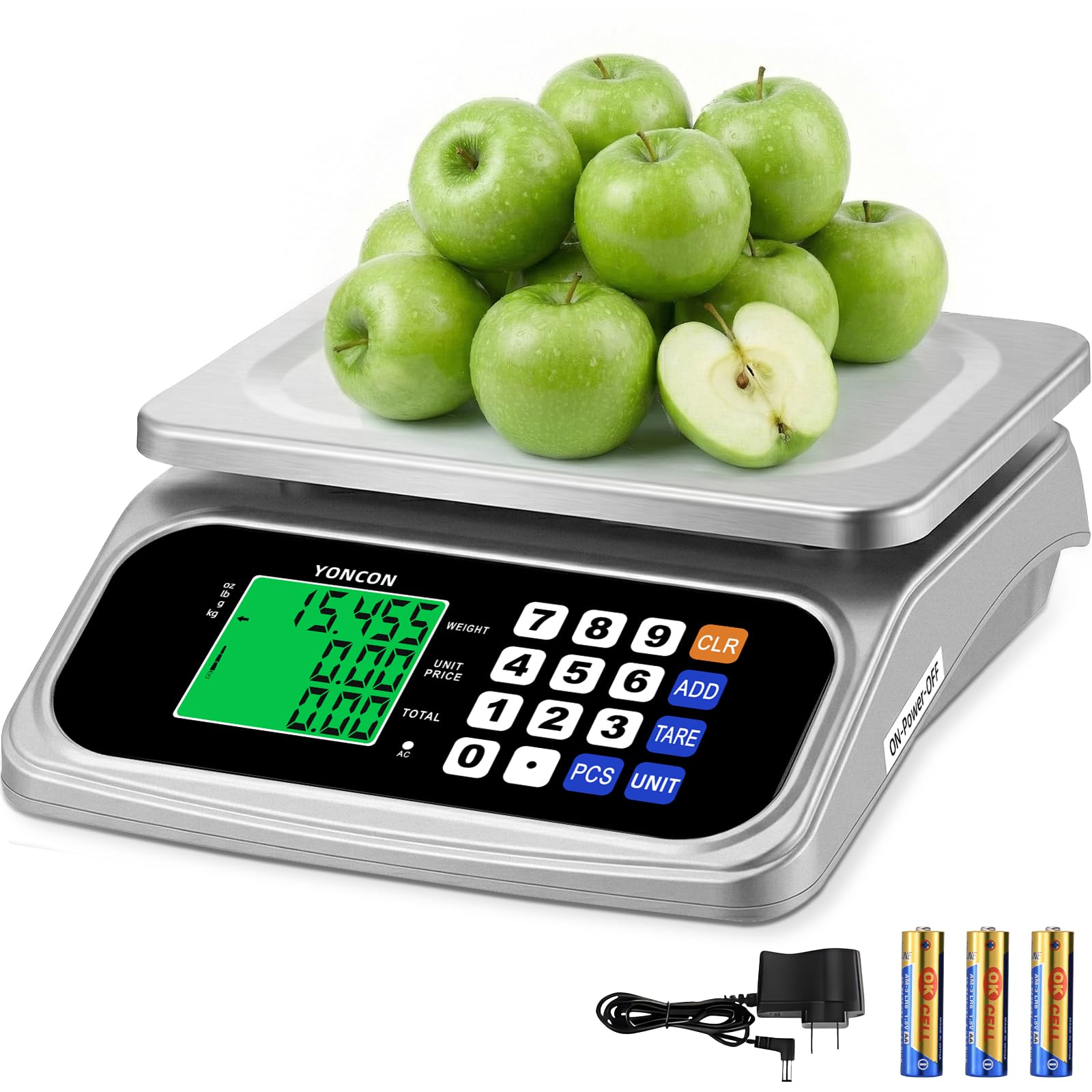 Photo 1 of YONCON Large Digital Food Scale, 0.05oz/1g Commercial Kitchen Scale with Price Computing & PCS, AA Batteries & DC Plug-in, 30kg/66lb for Cooking, Baking, Fruit, Vegetables & lndustrial Use (Silver)