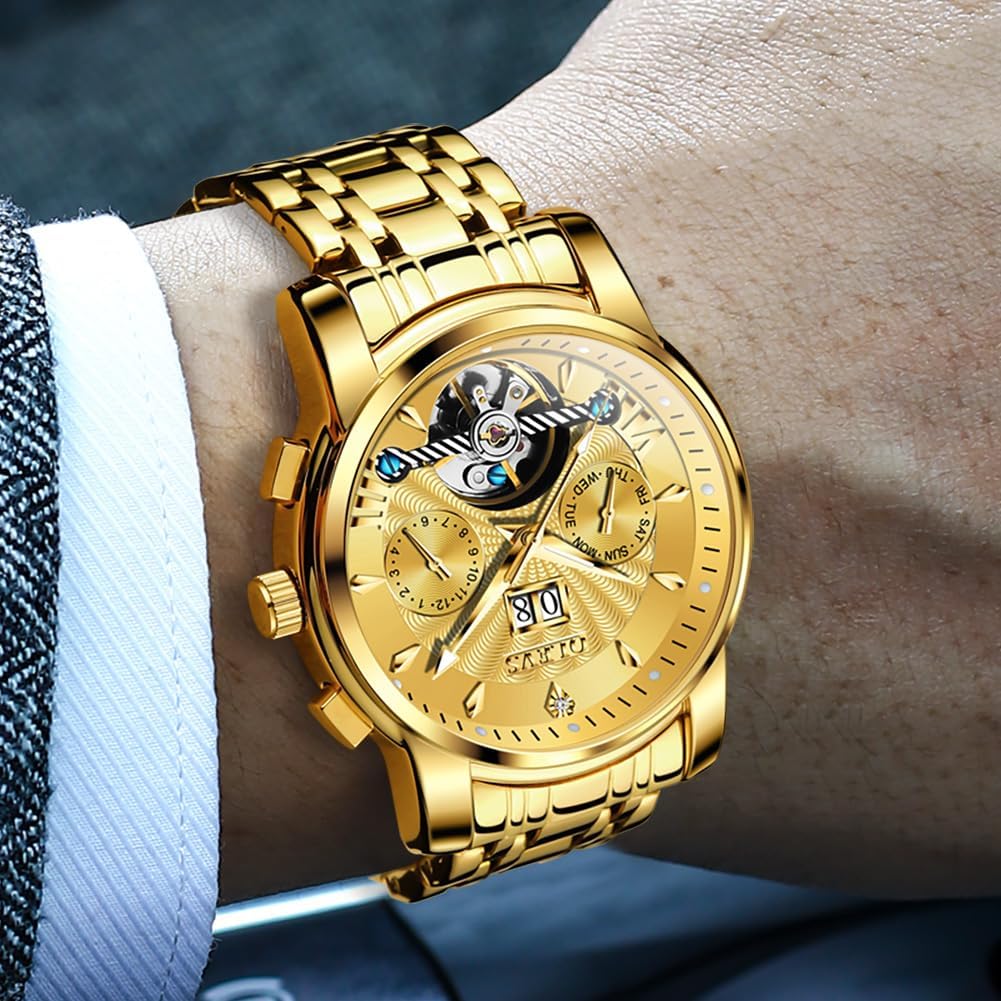 OLEVS Watches for Men Automatic Skeleton 5 Hands Mechanical Luxury Watch Classic Calendar Stainless Steel Waterproof Mens Wrist Watch