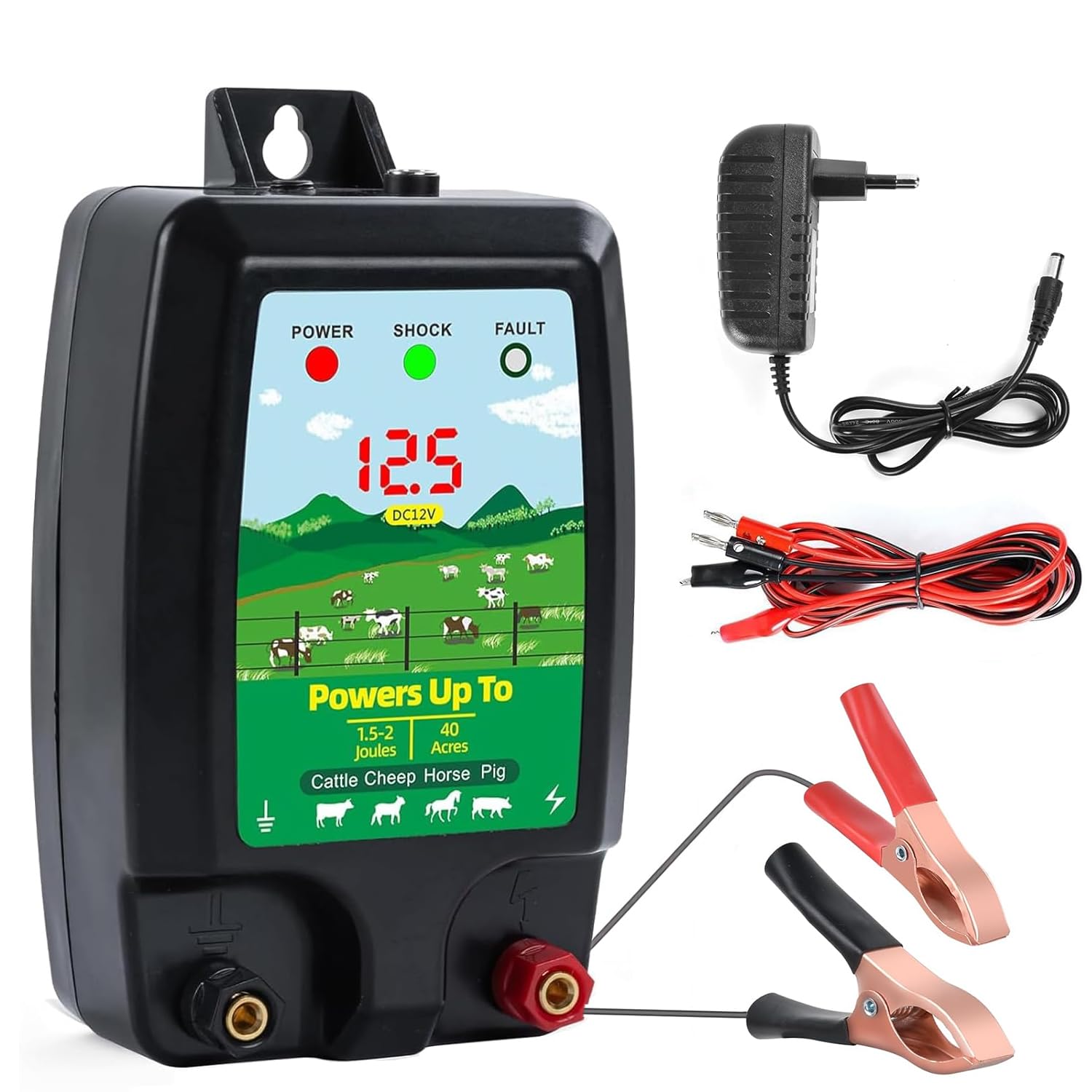 10KM Pastor Eléctrico, 12V Cerca Eléctrica Controlador de Pulso de Alto Voltaje Seguro para Ovejas, Caballos, Ganado, Aves, Pastor, Granja, Electrificador de Cercados (Negro)