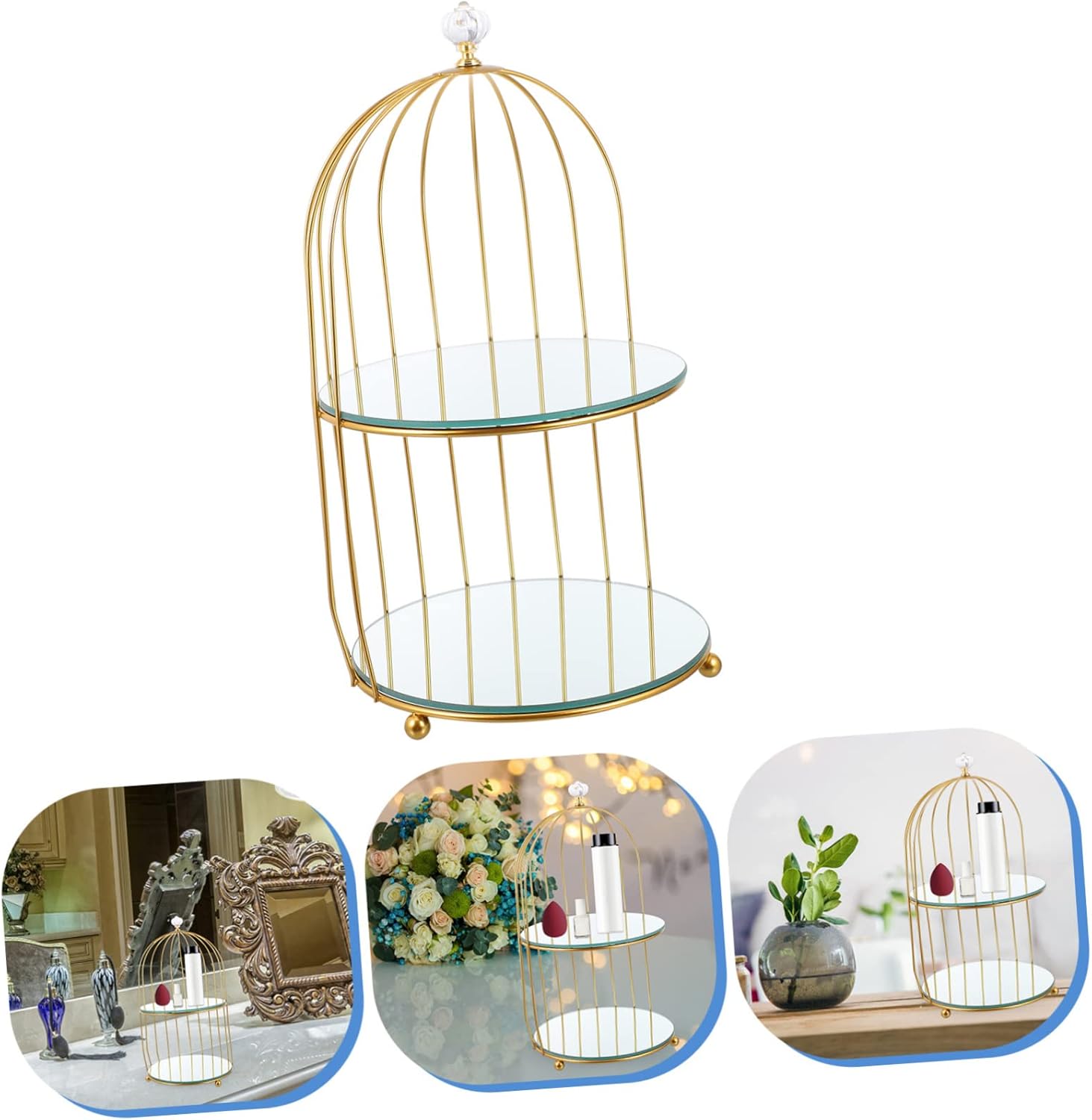 Mirror Birdcage Makeup Organizer Rack Dual Decorative Storage Stand for Cosmetics Skincare Desserts Fruits Open Design for Easy Access Elegant Display for Vanities Counters