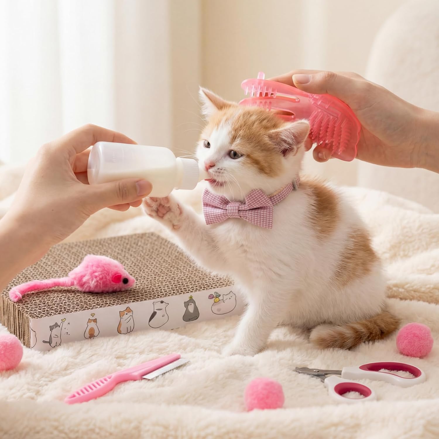 Leitee Kitten Starter Kit, 28 Pcs Cat Kitten Starter Kit Cats Essentials Set Includes Litter Box with Shovel, Toy, Paw Litter Mat, Collars, Nail File, Cat Bottle, Blanket for Kittens Supplies(Pink)